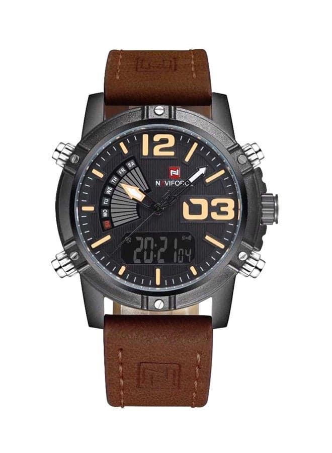 Men's Water Resistant Leather Analog & Digital Wrist Watch NF9095M - 48 mm -Brown