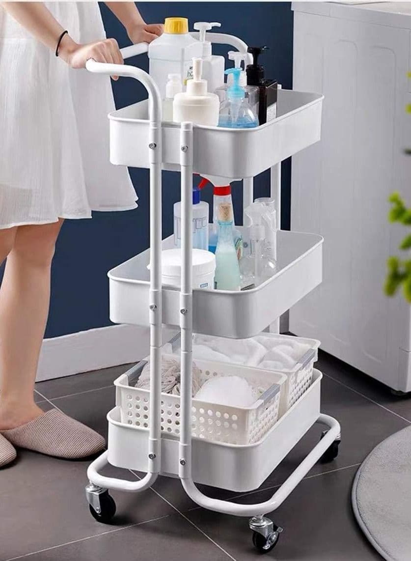 3-Tier Rolling Shelves Metal Cart Organizer White 85x45x35cm