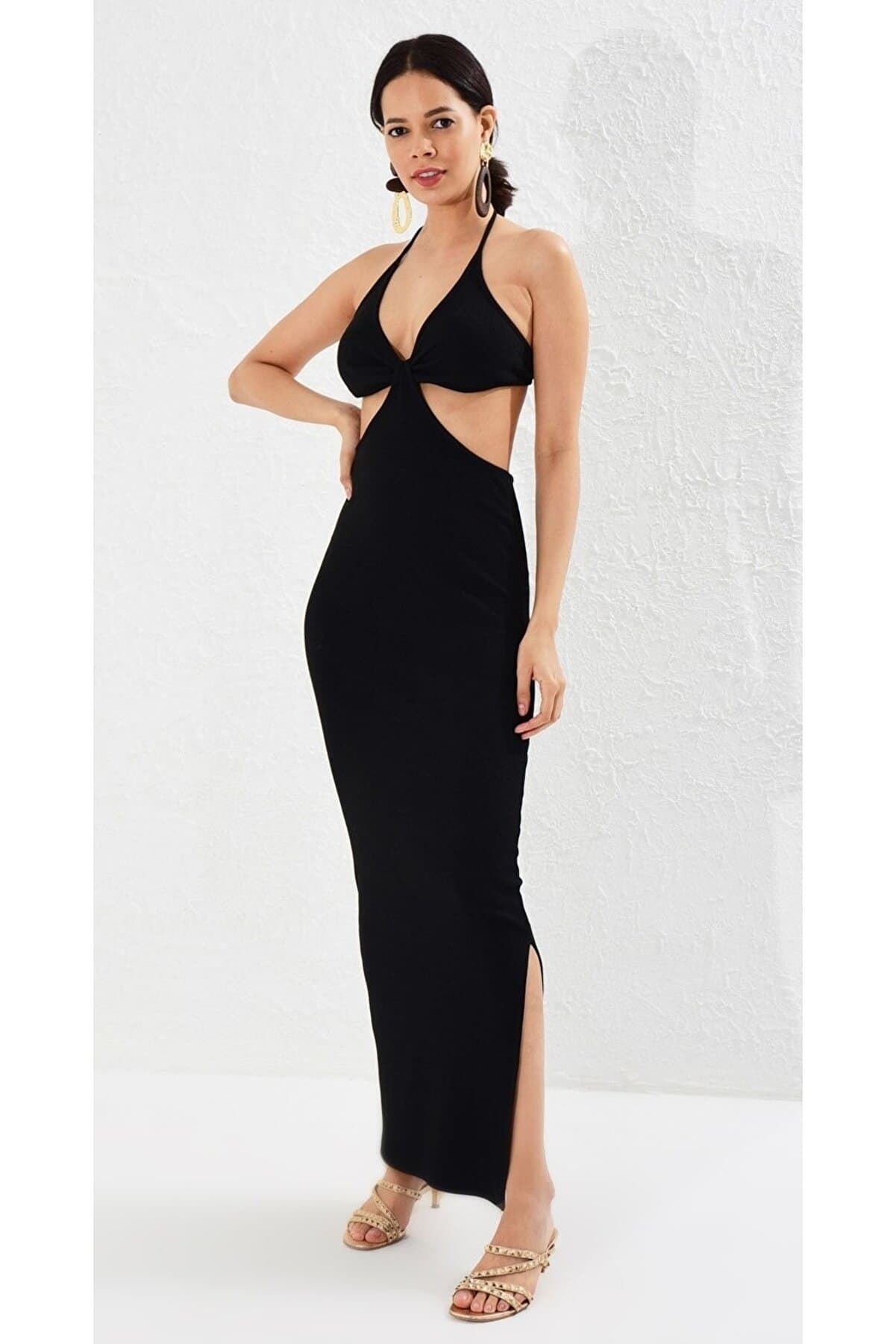 Women's Black Open Waist Camisole Dress Yİ1814