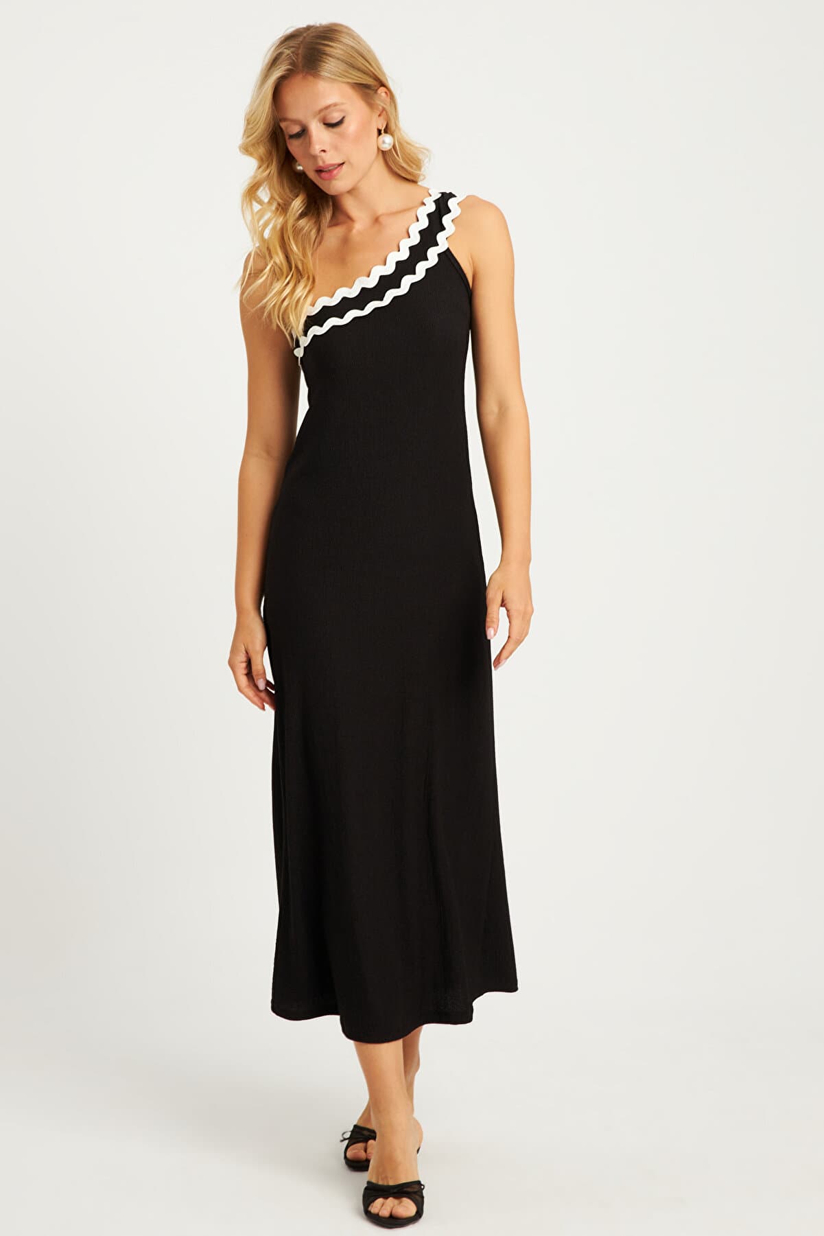 Black Single Shoulder Midi Wrap Dress - EY2830