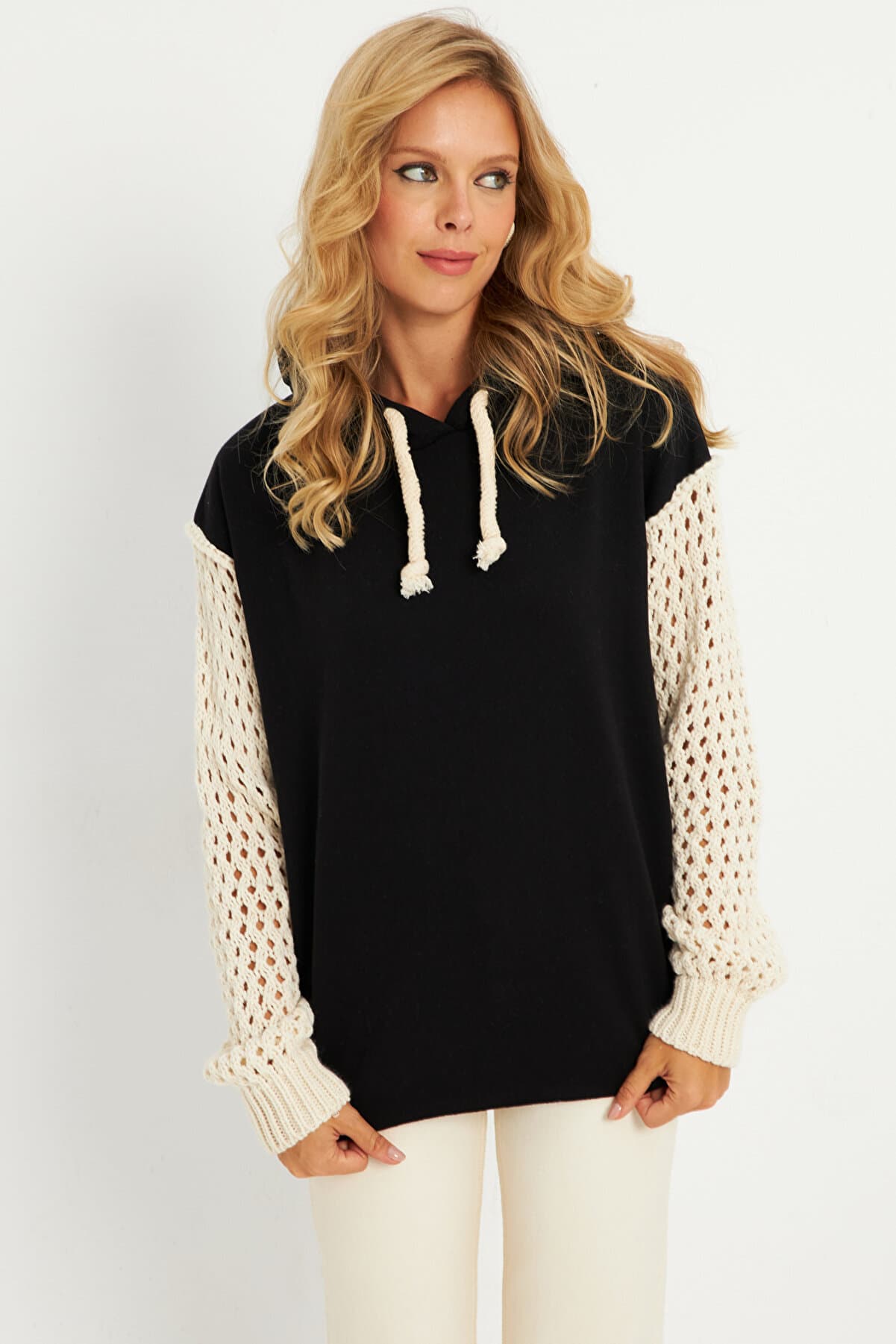 Women's Black-Ecru Hooded Sweatshirt with Openwork Sleeves Yle12