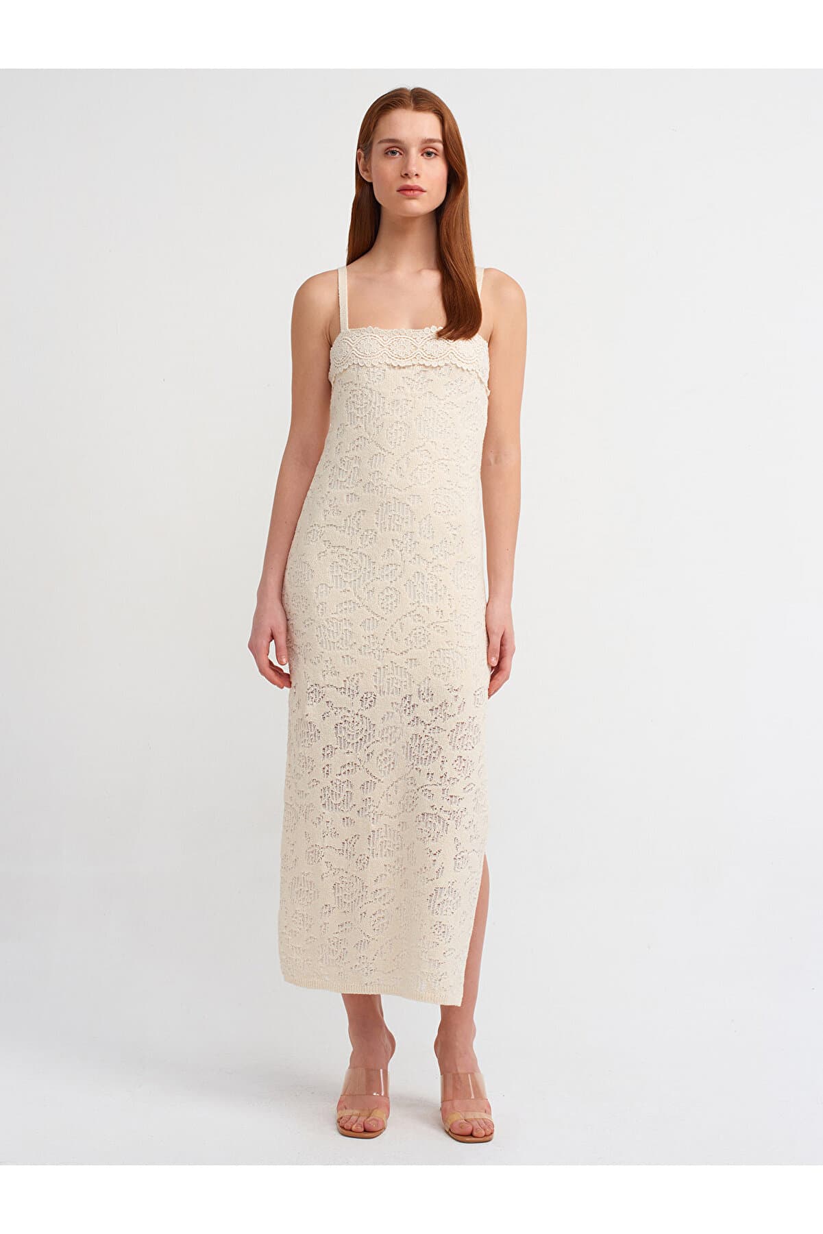 Dlvn Lace Detailed Lined Knitwear Dress-Ecru