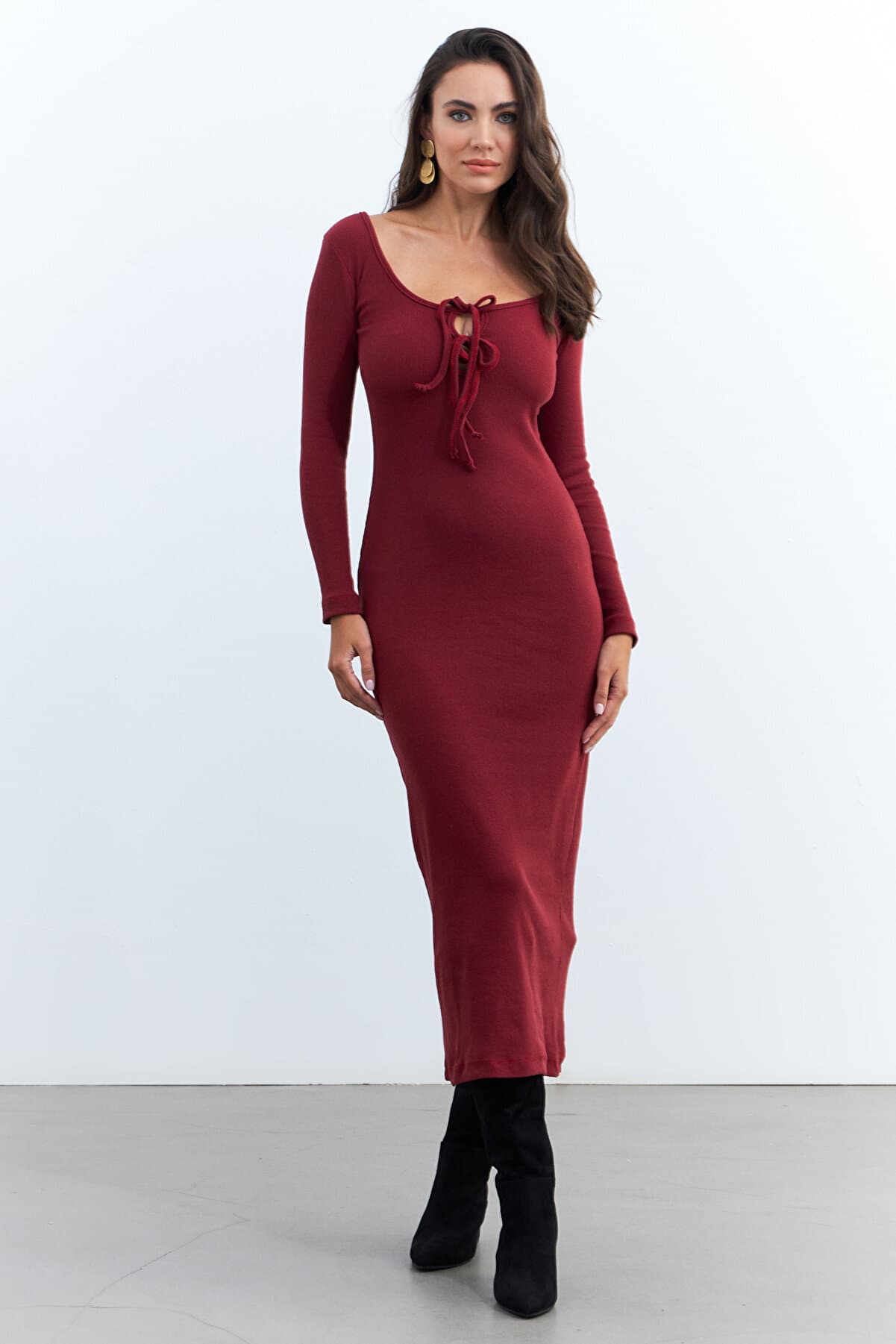 Women's Burgundy Ribbed Knit Maxi Dress Ey1513