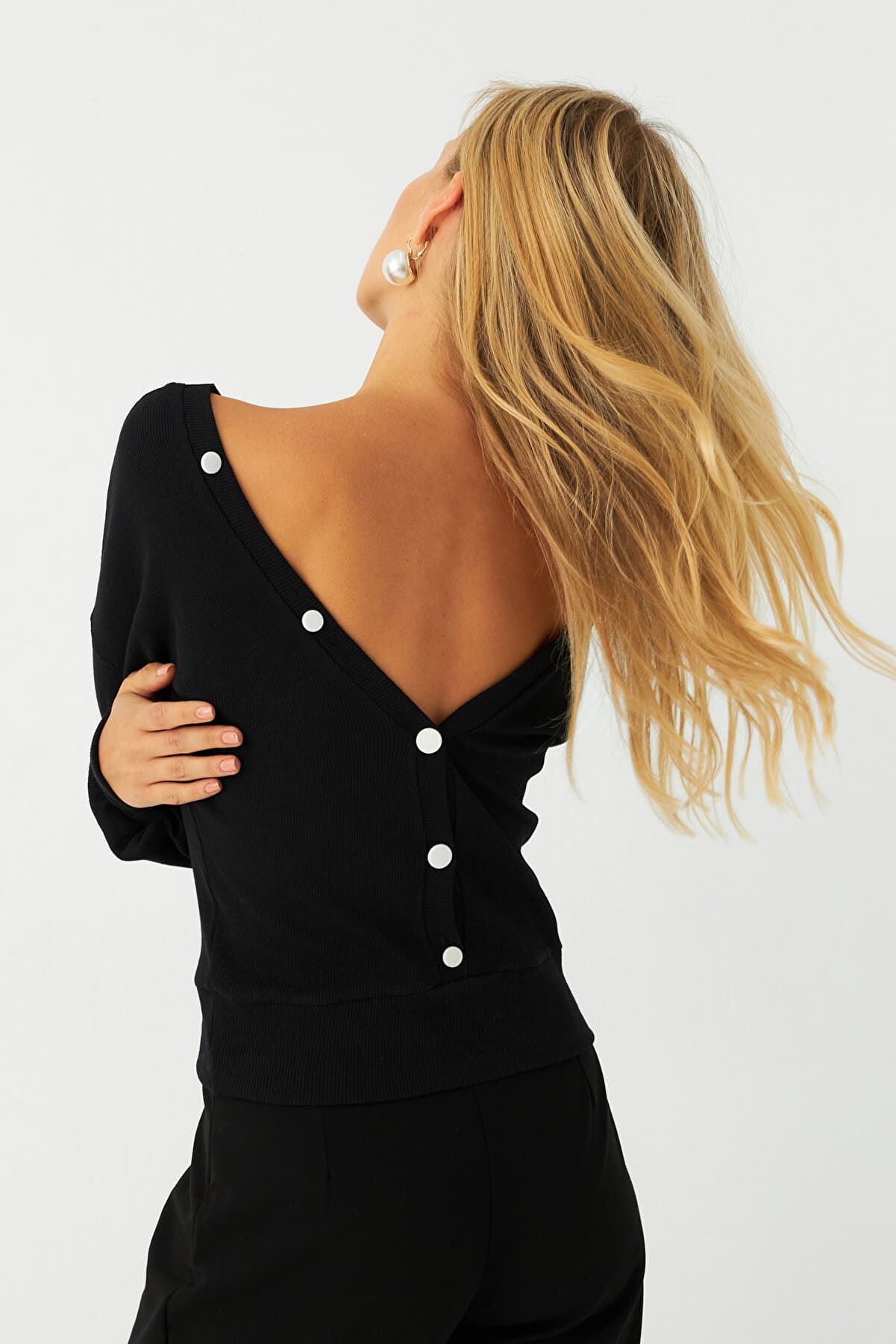 Women's Black Button Detailed Camisole Blouse Ey2994