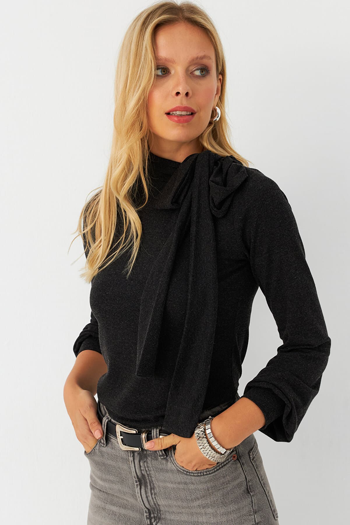 Women's Anthracite Neck Tie Blouse Mey2993