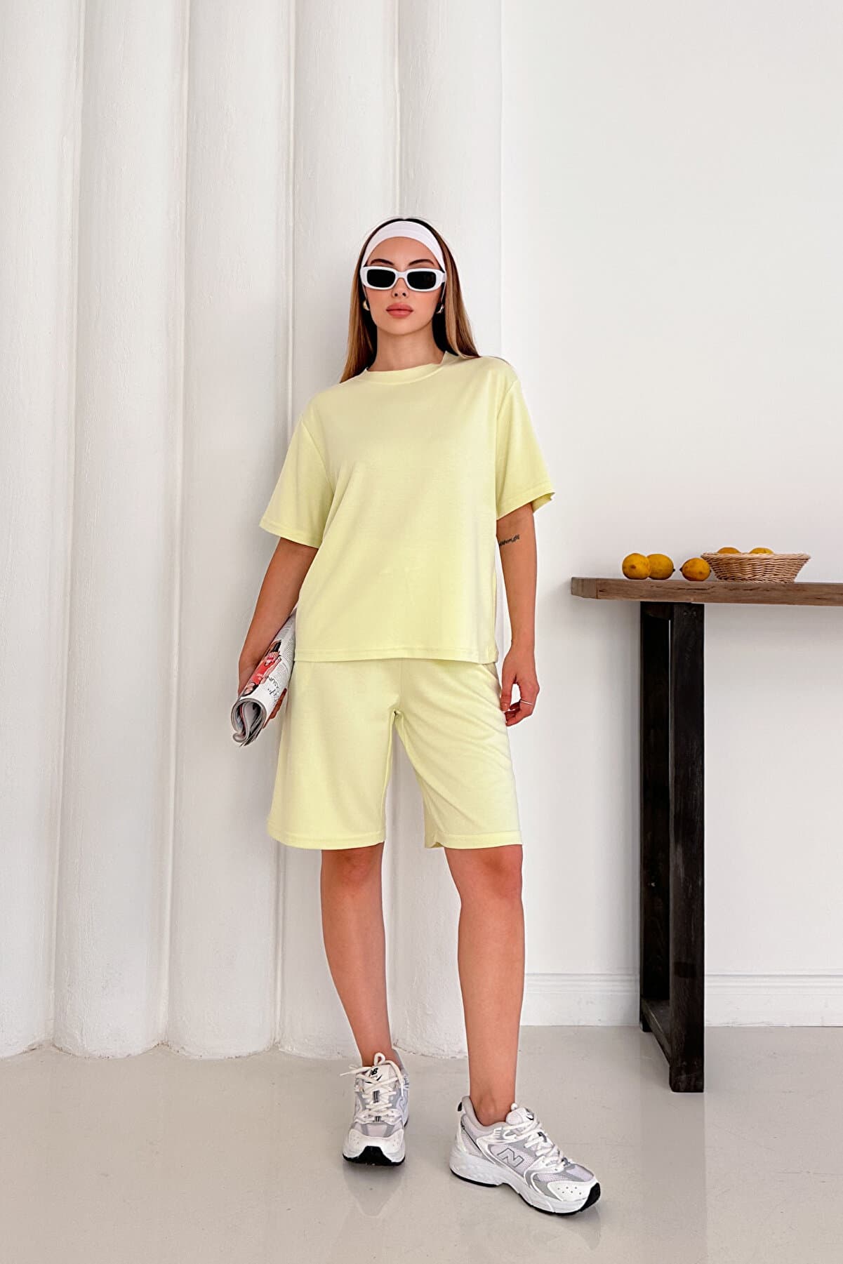 Women's Lemon Yellow Modal Fabric Short Sleeve Basic Shorts Set