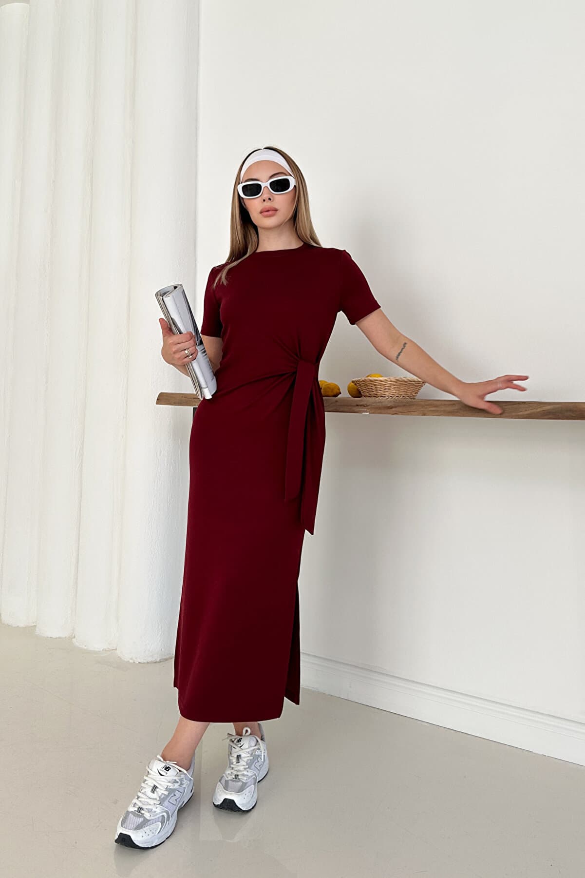Women's Burgundy Modal Fabric Side Tie Detail Slit Dress