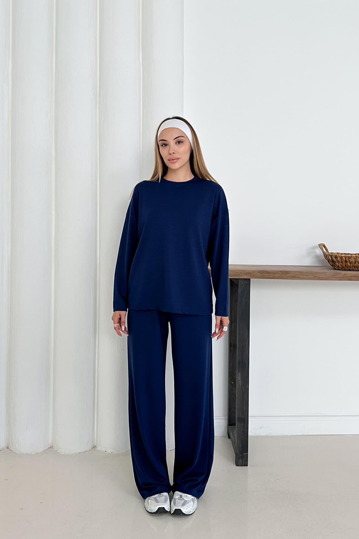 Women's Navy Blue Modal Fabric Long Sleeve Basic Tracksuit Set