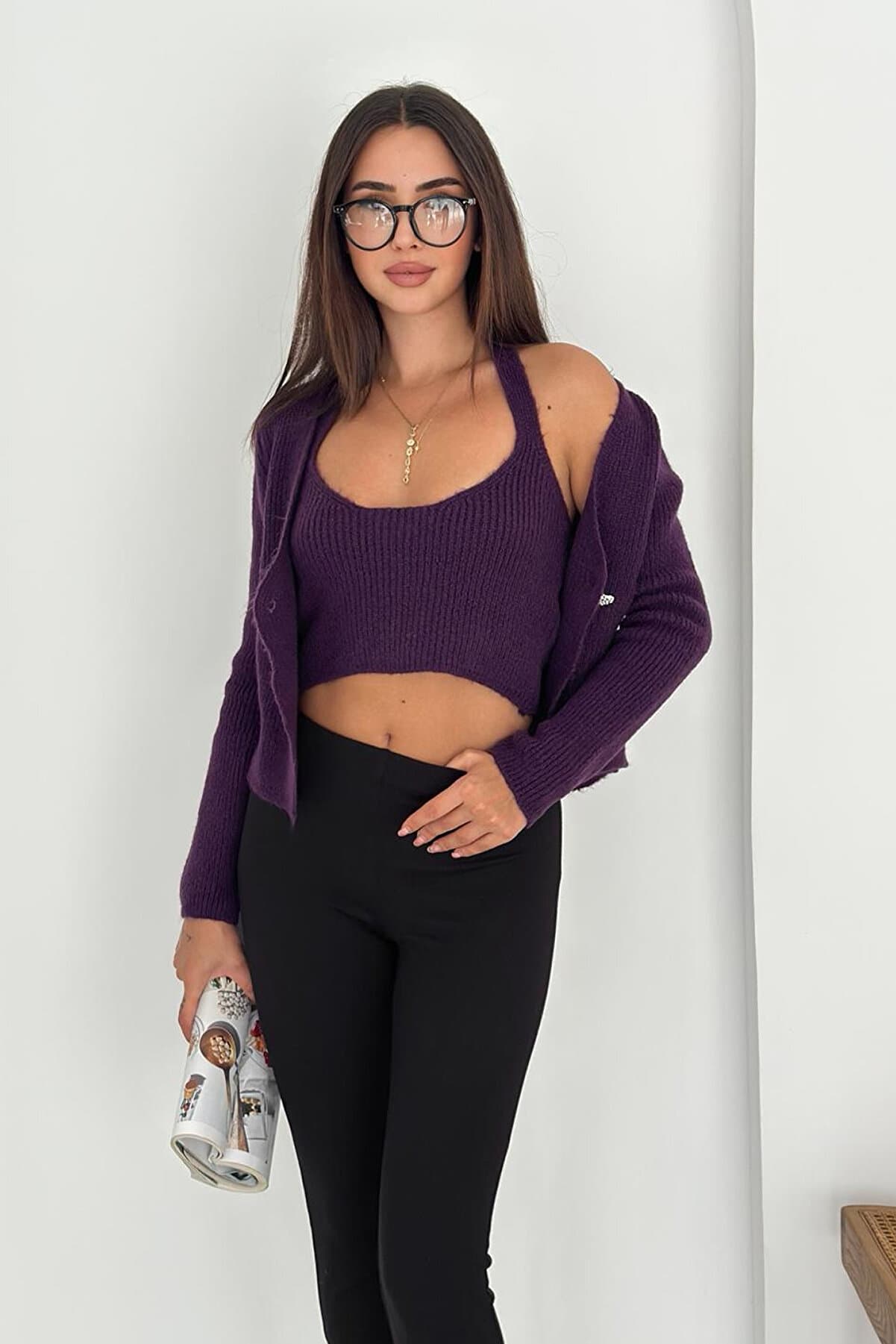 Women's Knitwear Tank Top & Cardigan Set – Colorful & Soft Textured Two-Piece