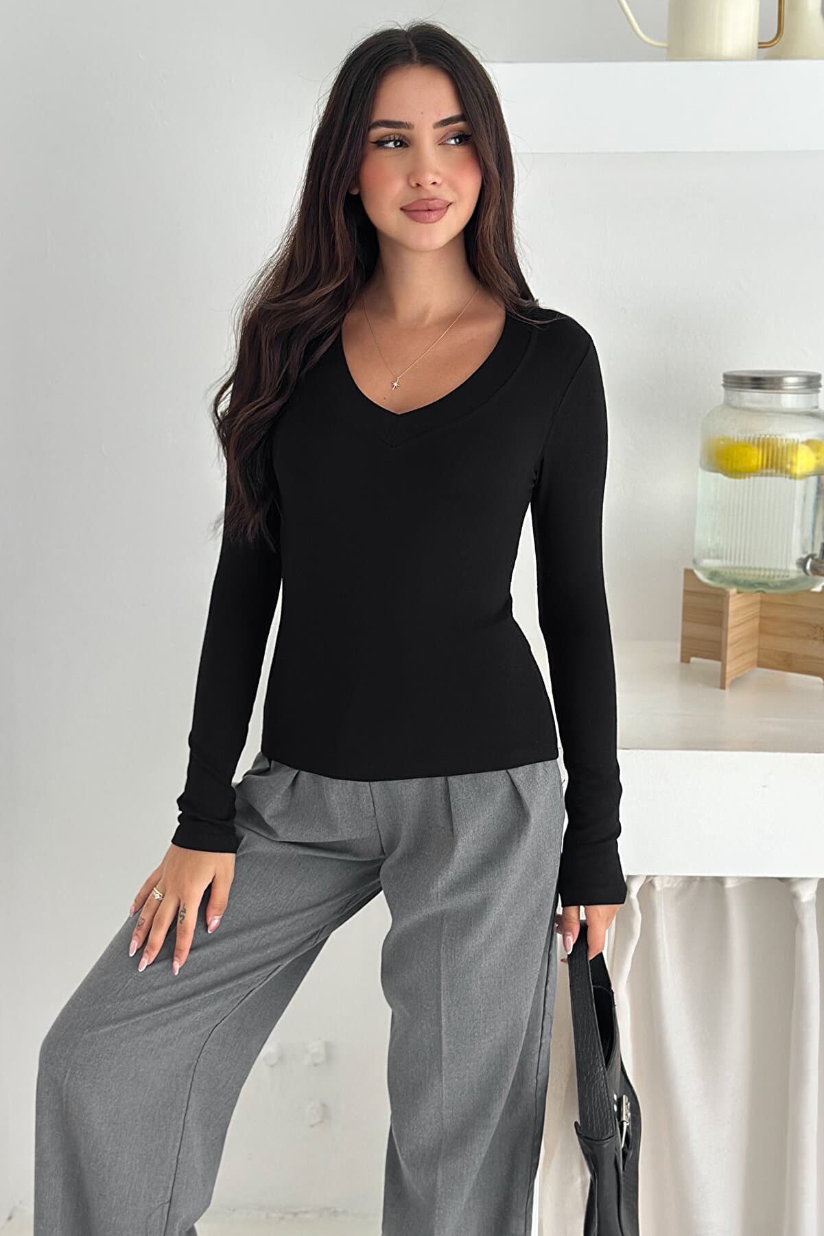Women's Lycra V-Neck Long Sleeve Blouse – Stretchy & Everyday Elegance