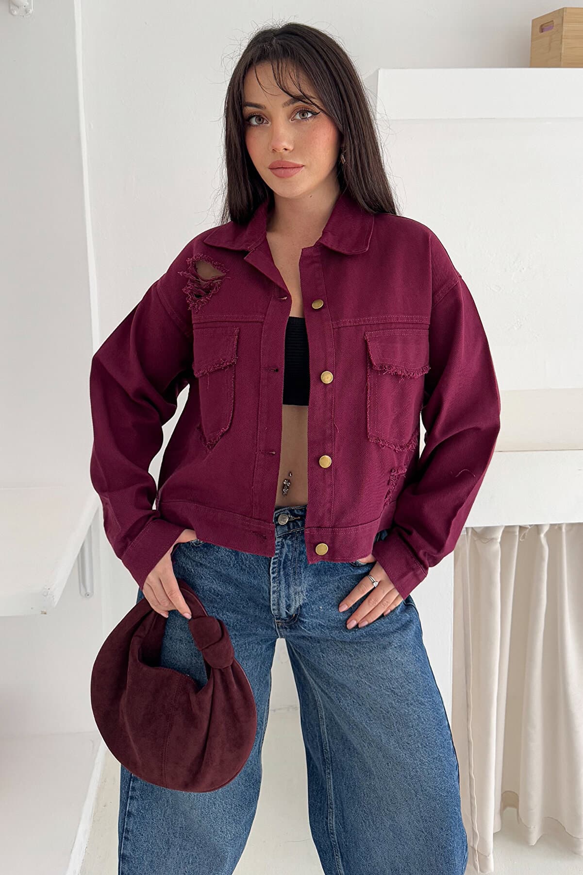 Women's Ripped Detailed Crop Jacket – Dynamic & Street Style