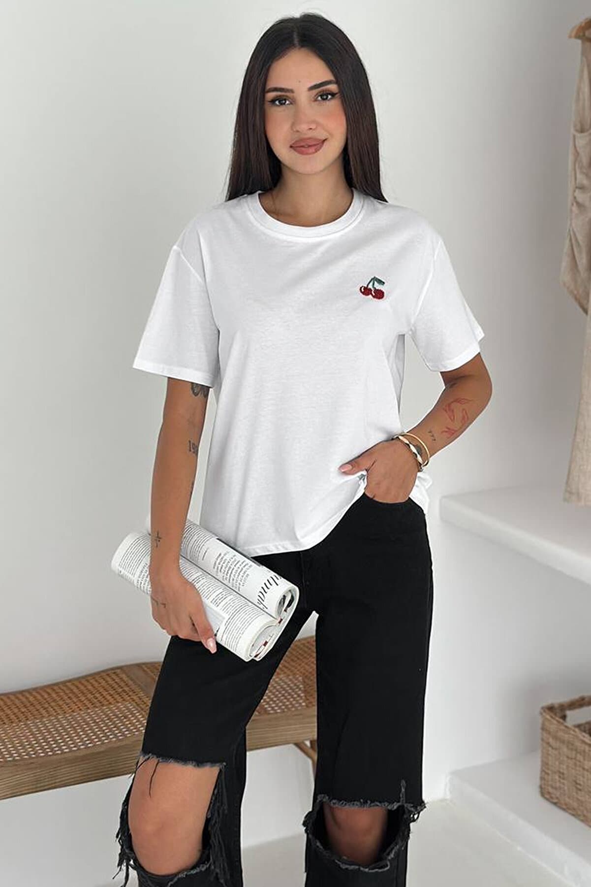 Women's Cherry Embroidered Basic T-Shirt – Simple & Fun Style