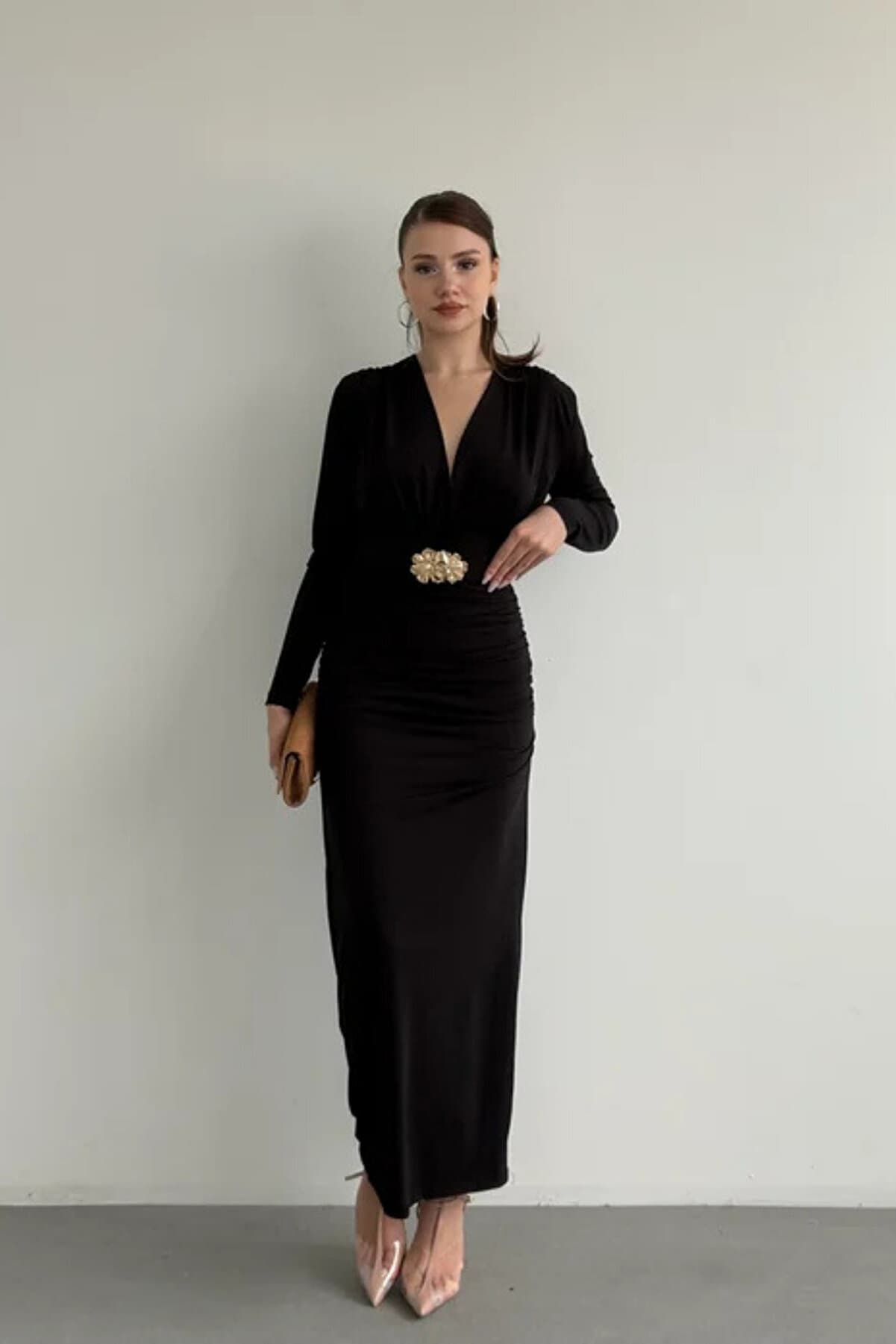 Women's Black Shoulder Pad Look Belted Draped Long Dress