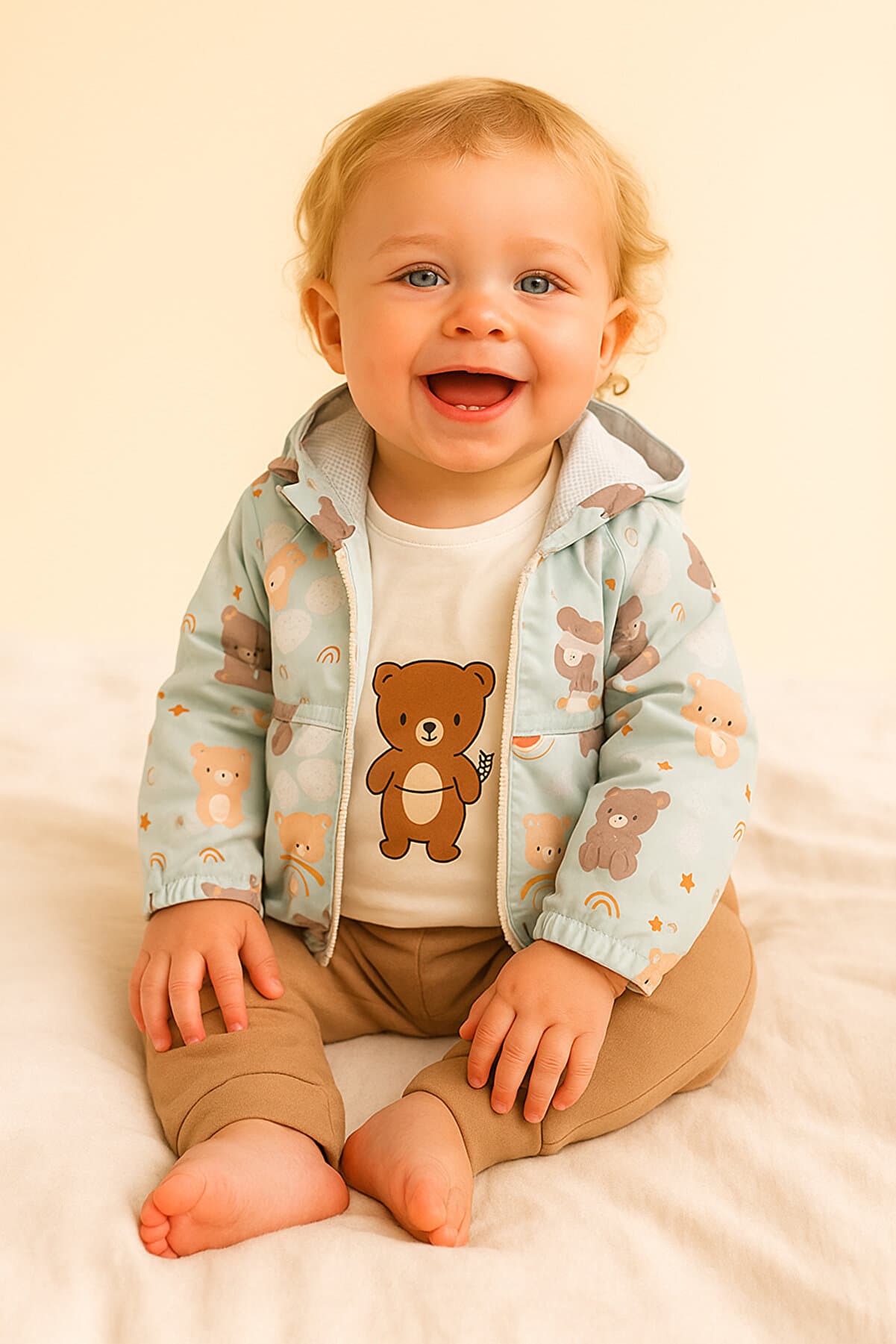 Unisex Teddy Bear Patterned Lined 3 Piece Raincoat Baby Set