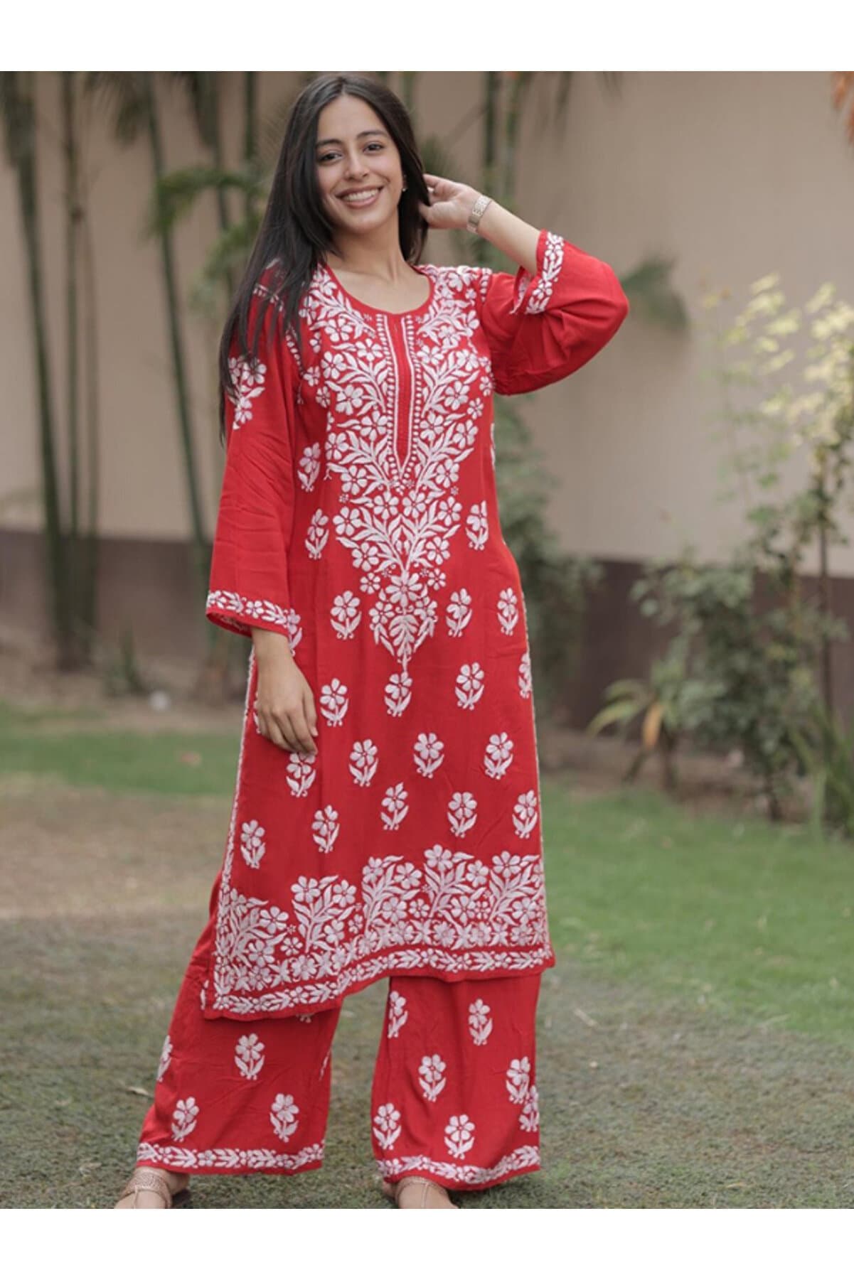 Red Rayon Cotton Salwar Kameez - FFT1656 | Red-Size:M-38-Inches