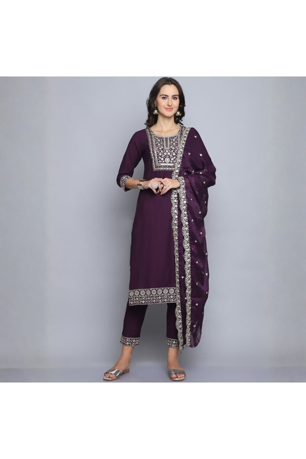Wine Silk Salwar Kameez Set - ALV1295 | Wine-Size:S-36-Inches