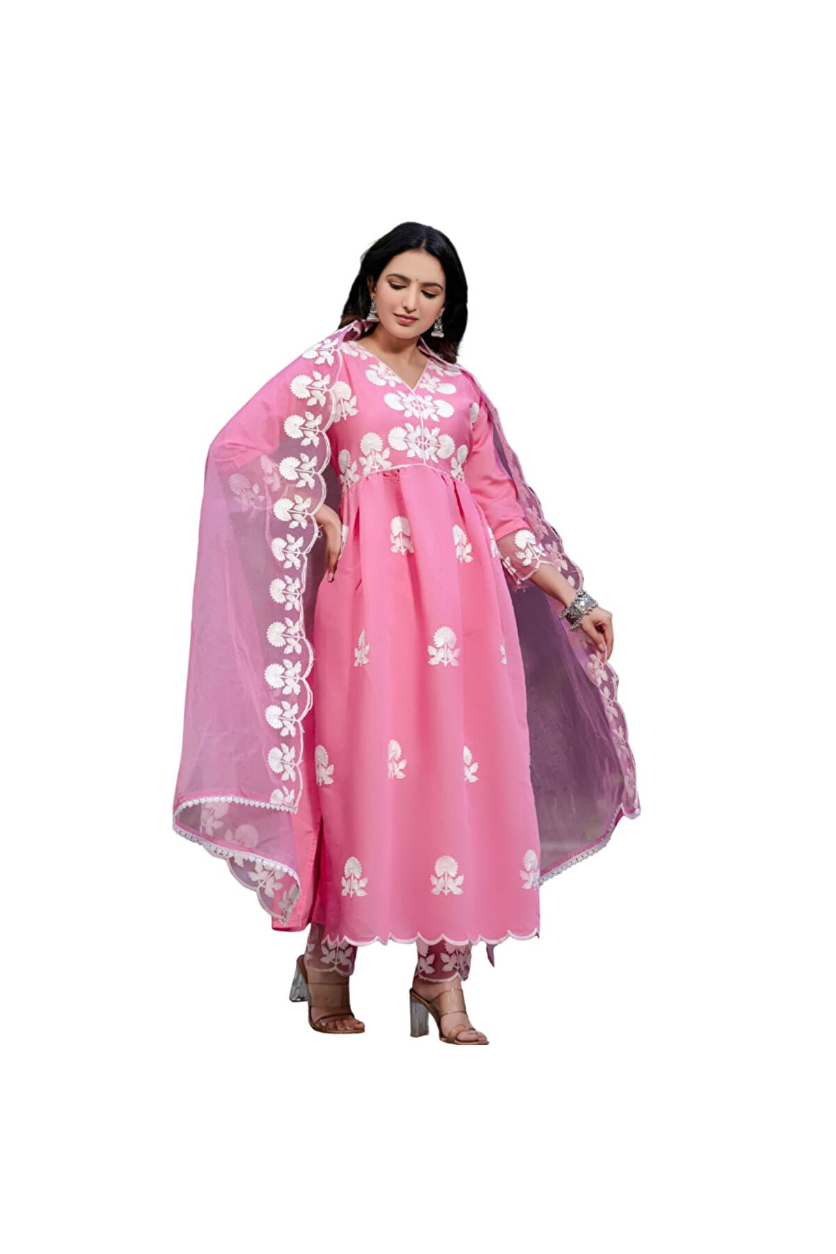 Pink Roman Silk Top Pant & Dupatta - HRT1918 | Pink