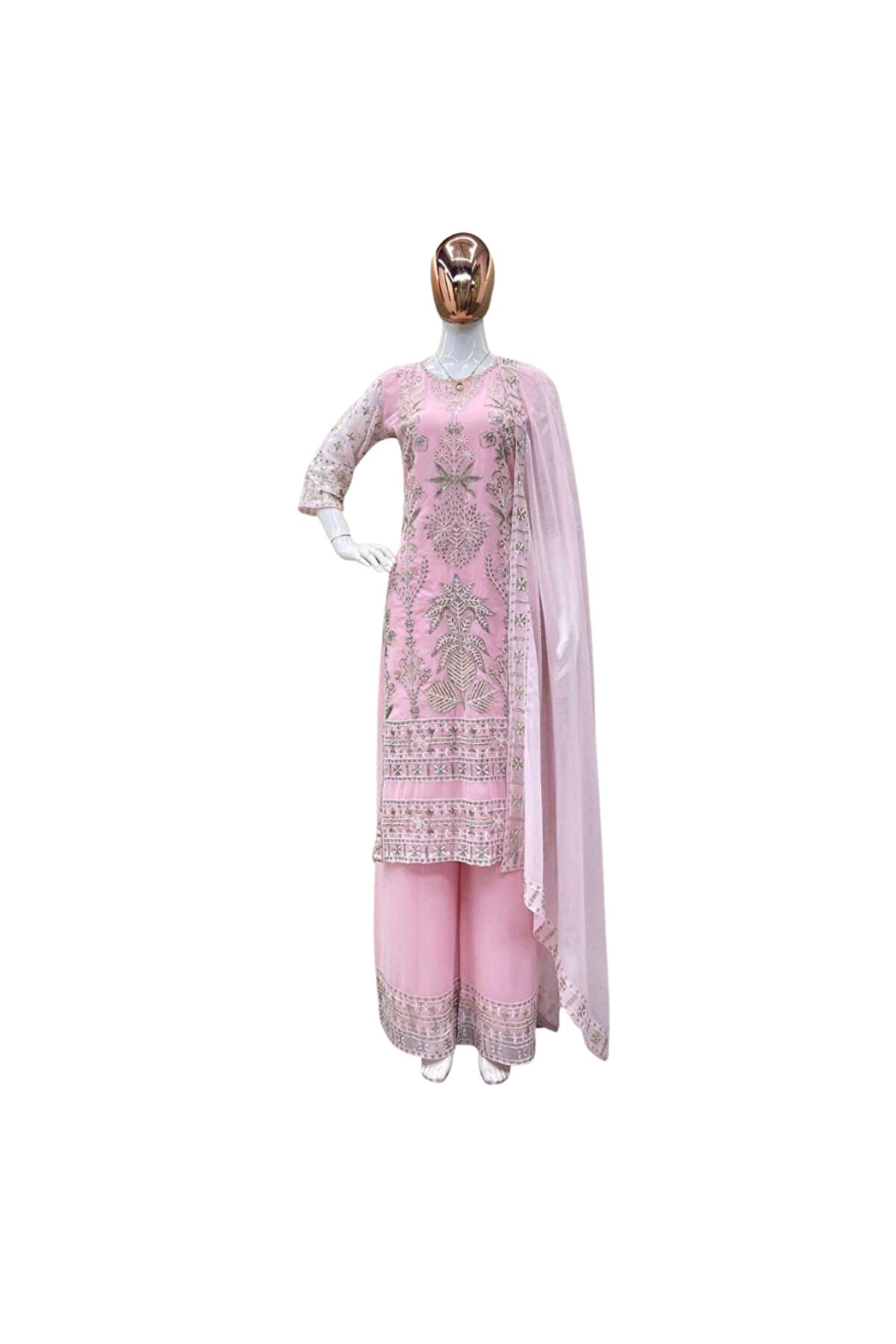 Pink Faux Georgette Top Palazzo & Dupatta Set - RTC1018 | Pink-Size:XL-42-Inches