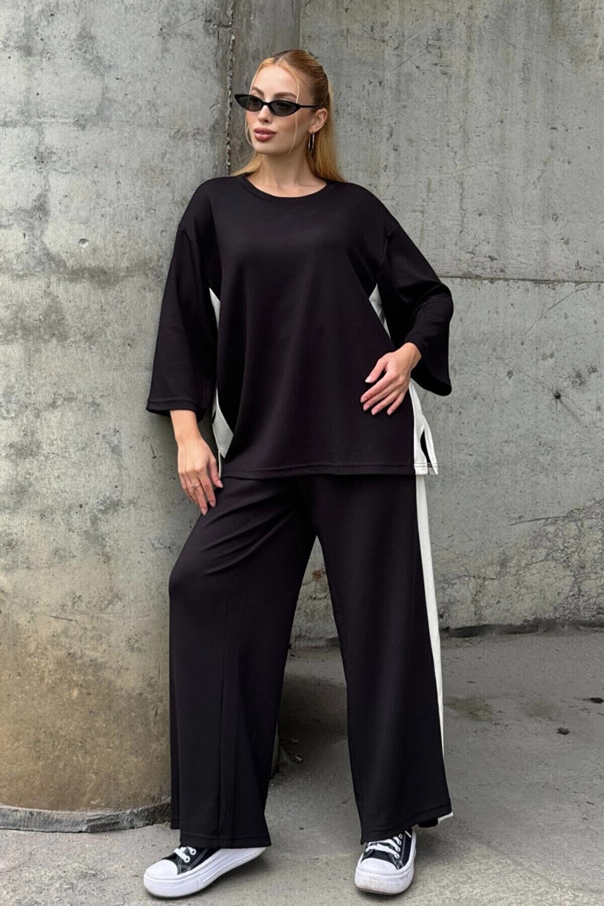 Women's Side Stripe Detail Top and Bottom Set Black