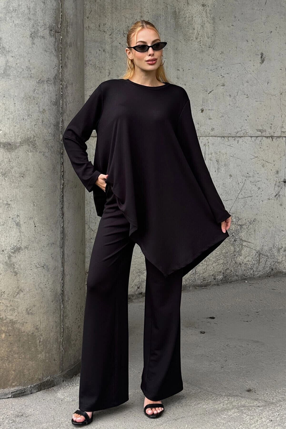 Comfortable Fit Asymmetrical Blouse and Pants Modal Fabric Set Black