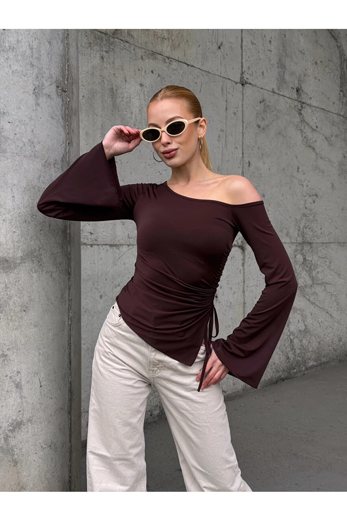 Women's Waist Detail Boat Neck Long Sleeve Coffee Blouse