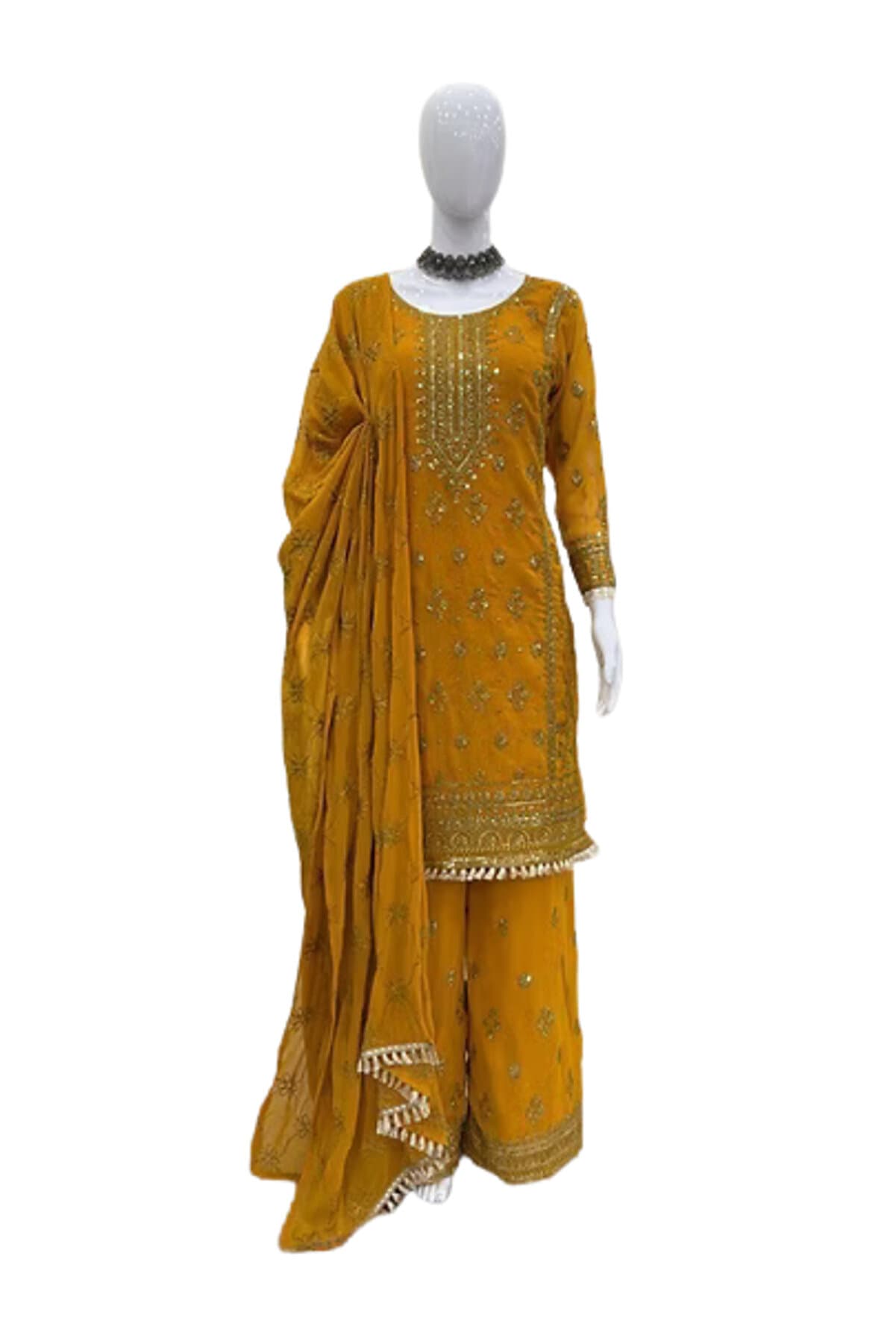 Yellow Faux Gorgette Embroider Salwaar Kameez Dupatta - FFT18207 | Yellow