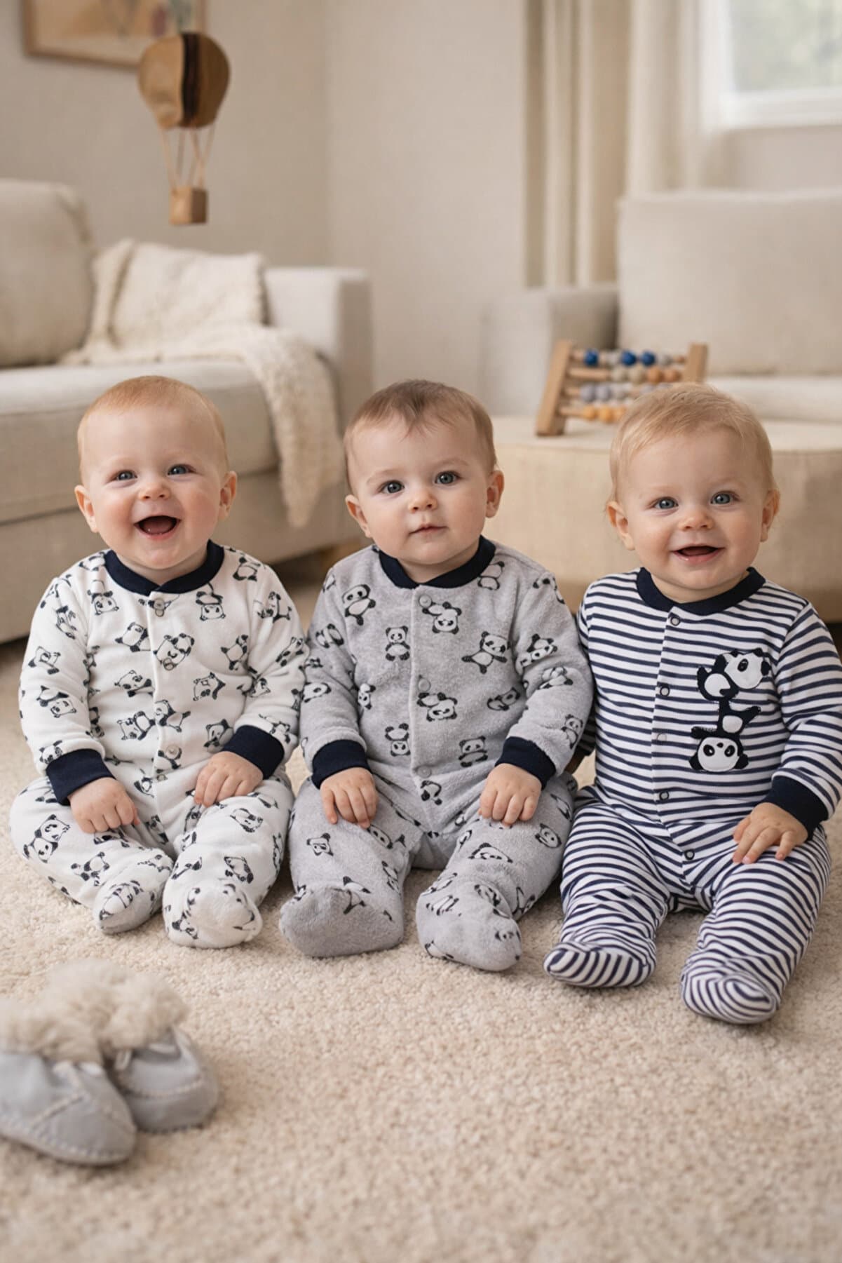 3-Piece Panda Pattern White Gray Romper Set