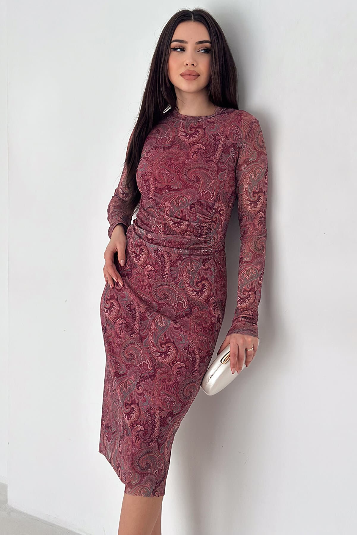 Women's Paisley Patterned Midi Dress – Burgundy Veil