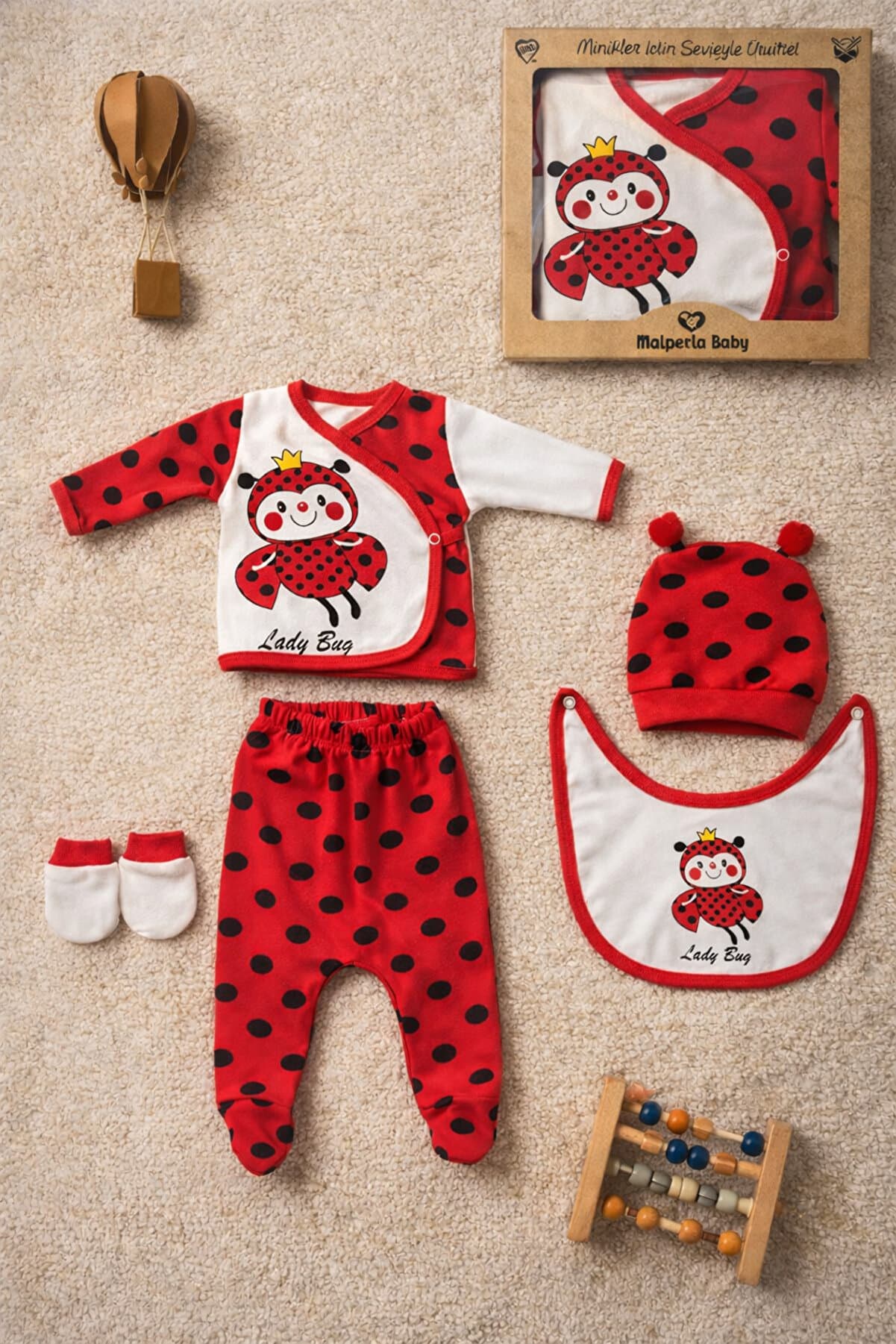 Ladybug Themed Organic Cotton Newborn Hospital Discharge Set 5 Piece Boxed