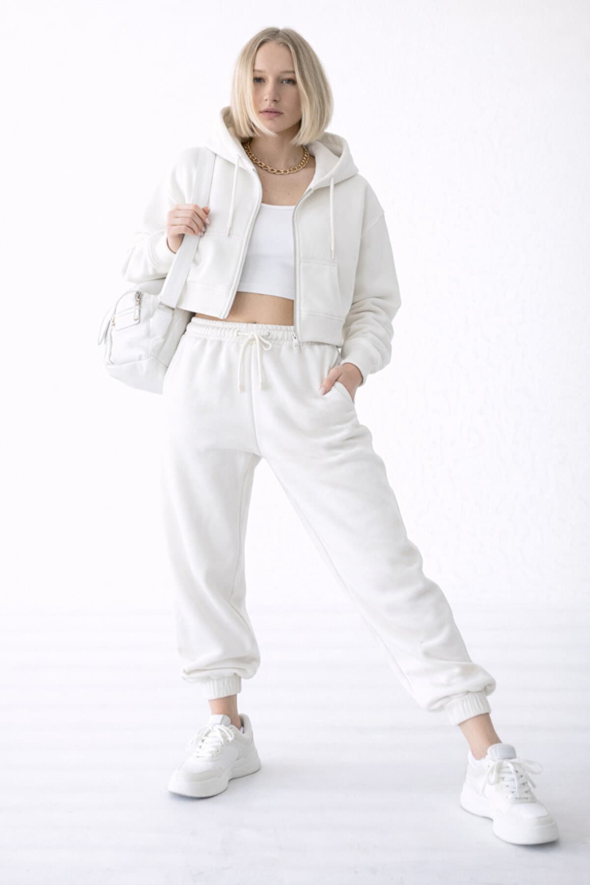Women's Crop Hooded Zip Sweatshirt – White Zip