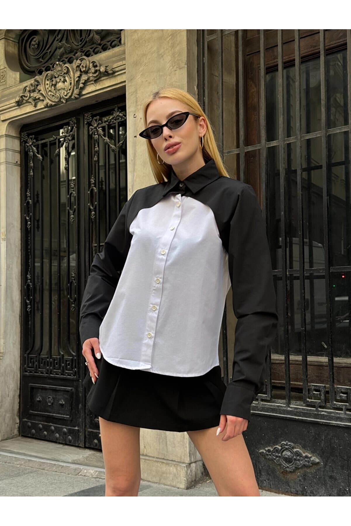 Women's Black Color Block Long Sleeve Oversize Shirt