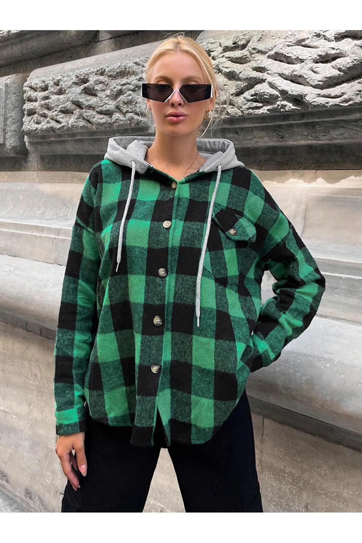 Women's Green Hooded Oversize Pocketed Buttoned Plaid Shirt Jacket