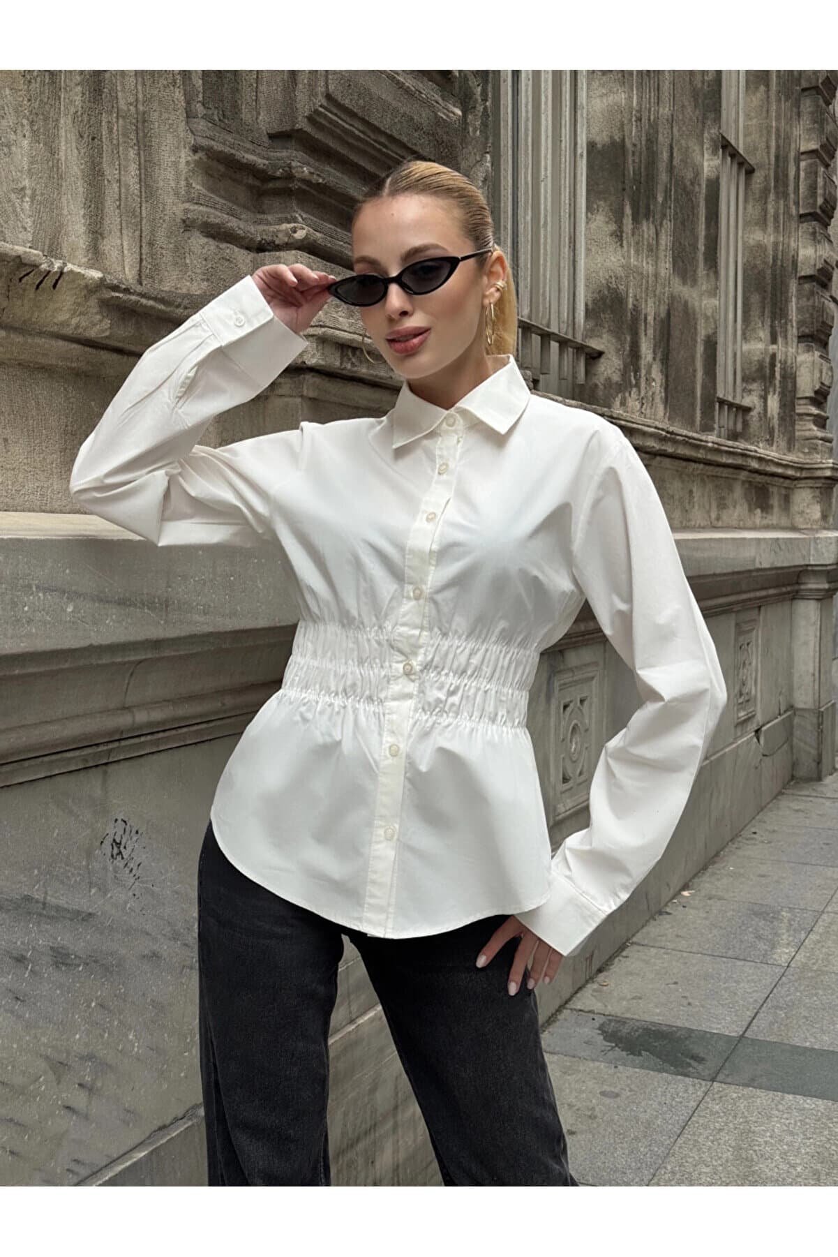 Women's Waist Gathered Long Sleeve White Shirt