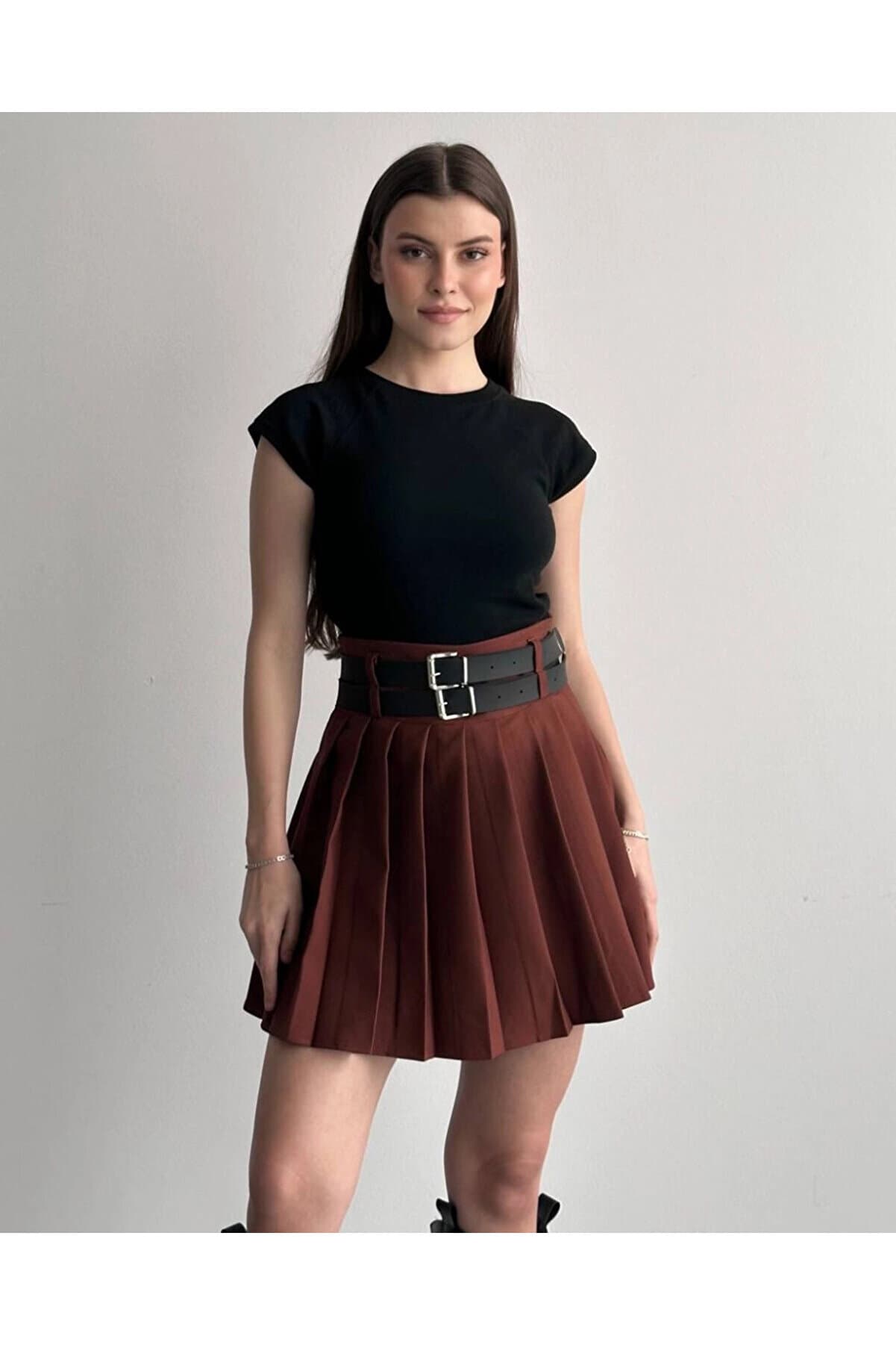 Women's Double Belted Pleated Skirt with Shorts Coffee