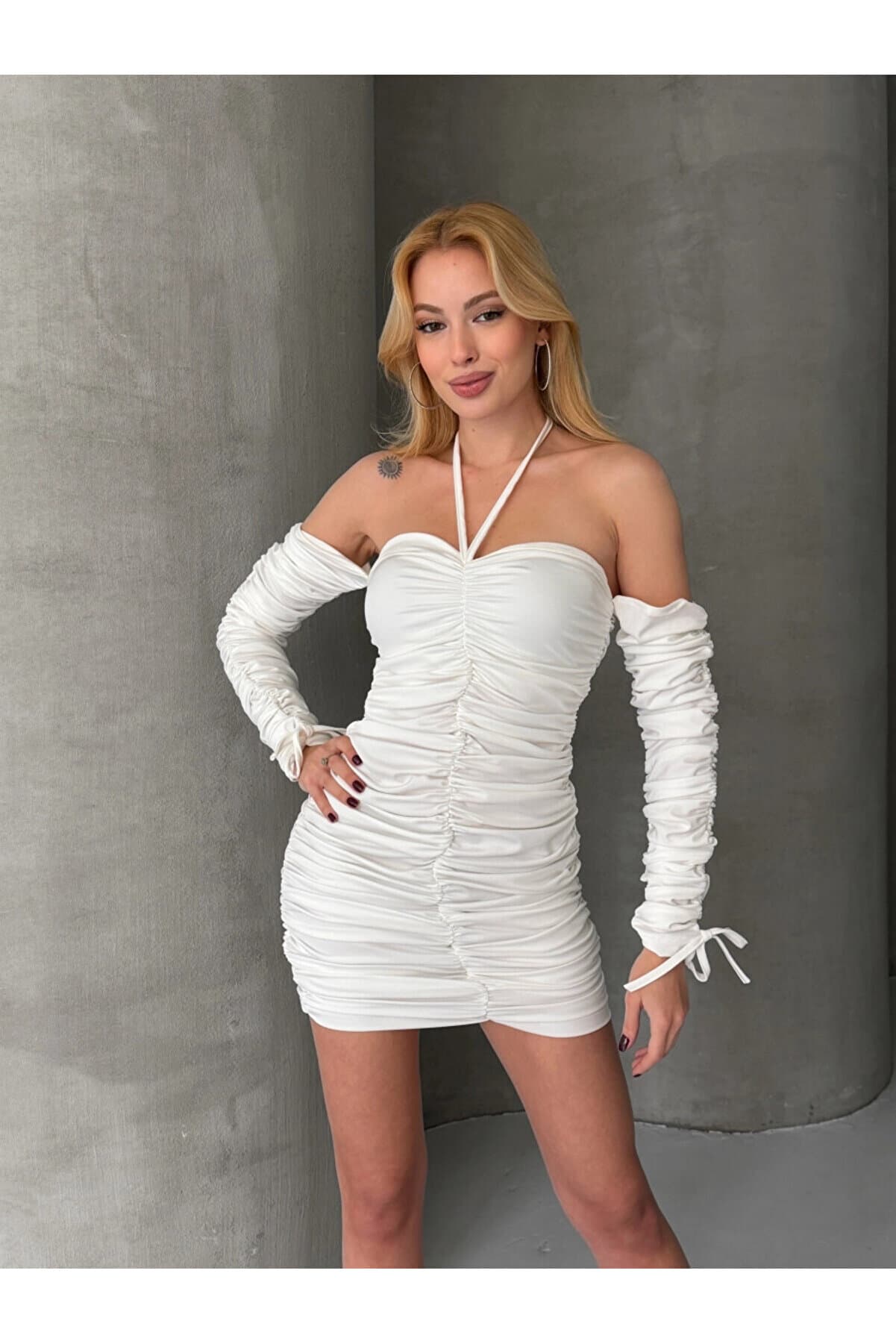 Modal Fabric Drape Detailed Mini Dress White Cl9695