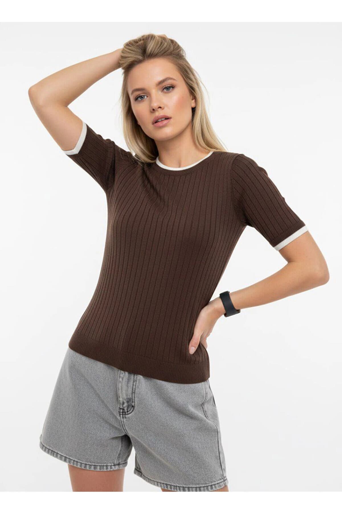 Ribbed Short Sleeve Ribbed Knitwear Blouse Brown