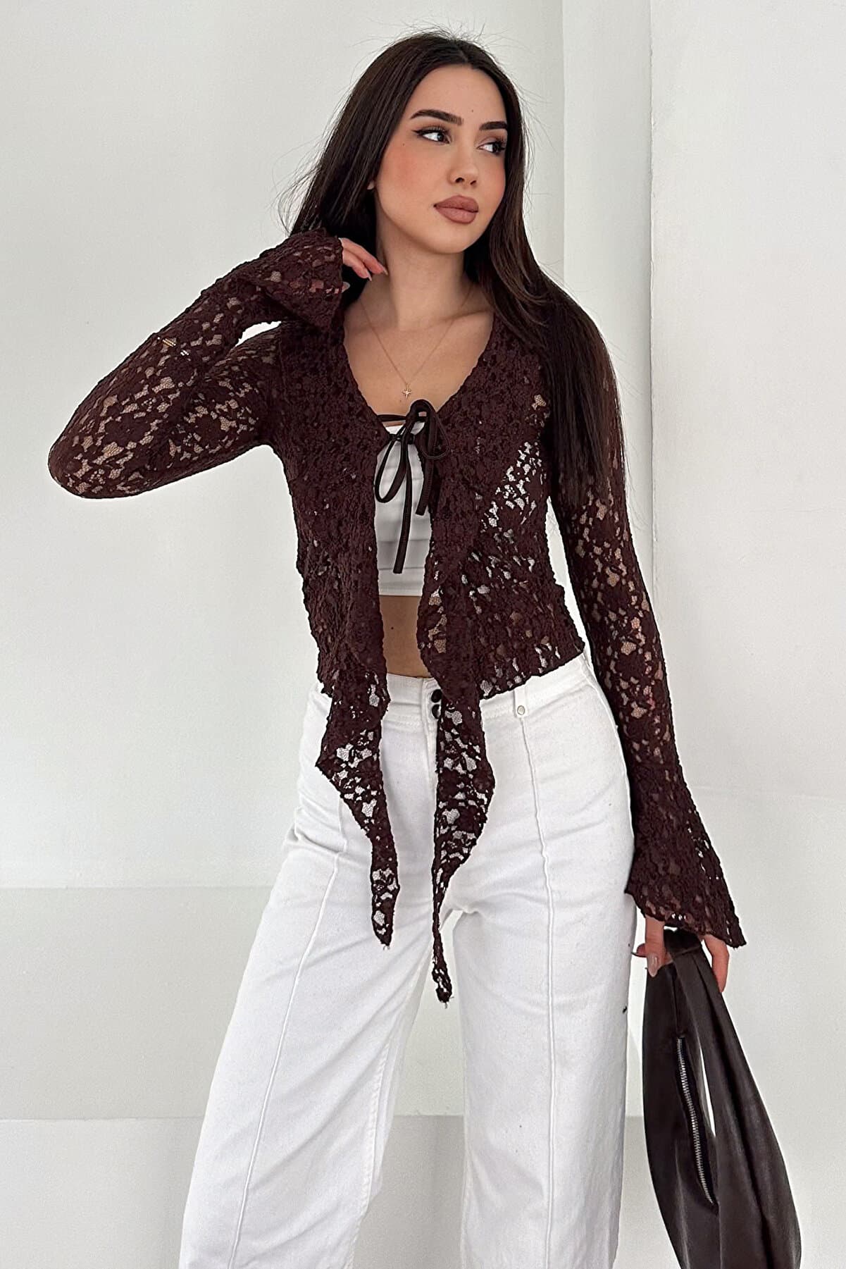 Lace Detailed Tie-Up Blouse – Black Bloom