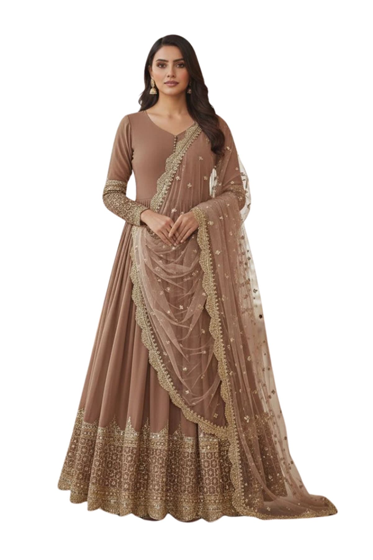 Brown Faux Georgette Gown - HRT7022 | Brown