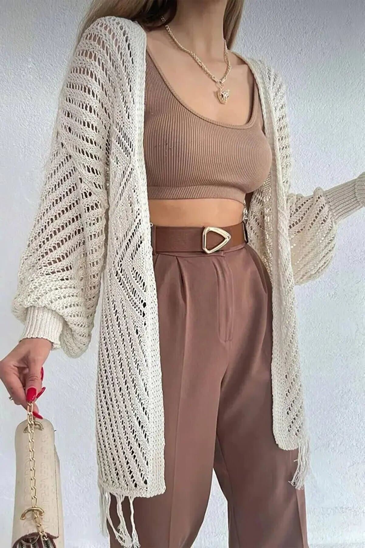 Women's Ecru Knitted Cardigan – Tassel and Diamond Pattern Detail