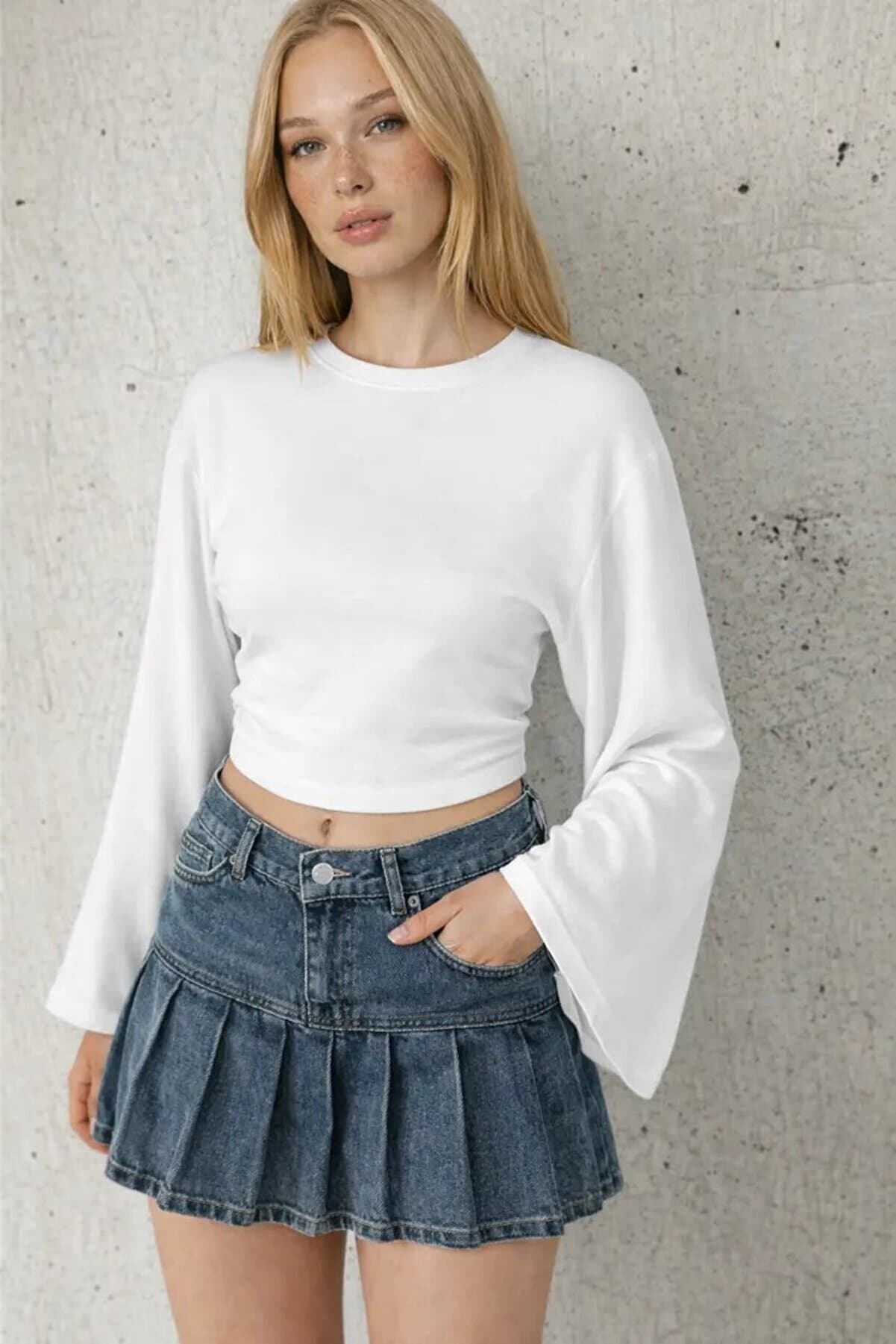 Wide Sleeve Cropped Blouse White