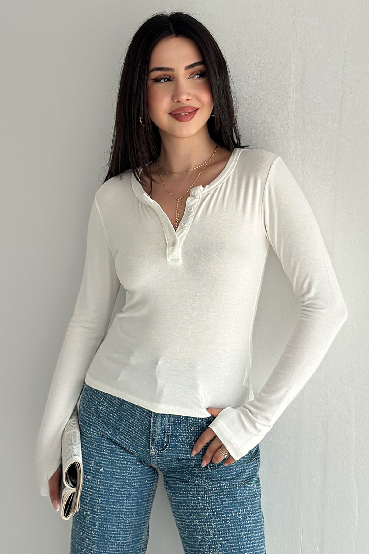 Women's Button Detailed Long Sleeve Blouse – Round Neck Casual Stylish Blouse
