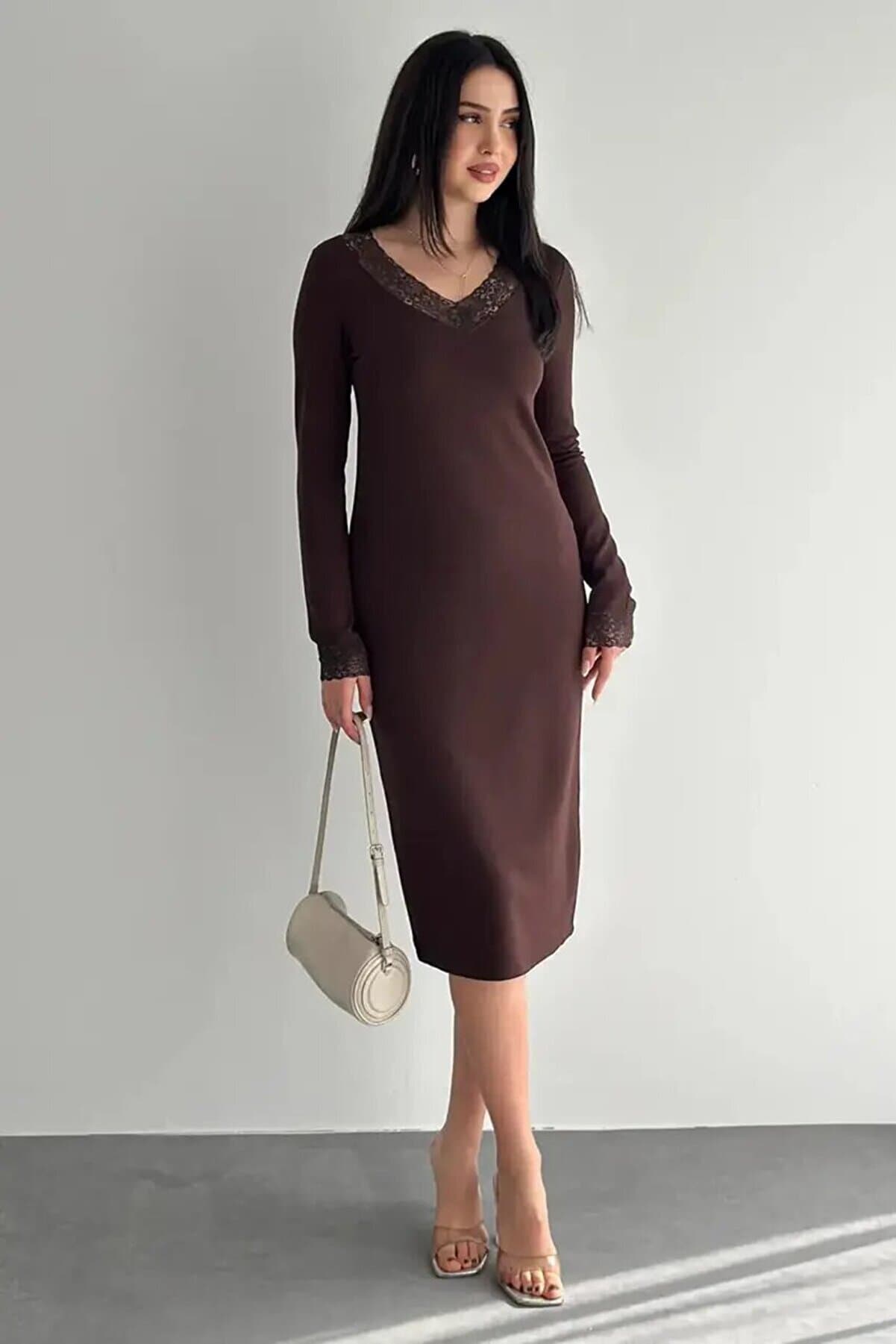 Women's Lace Detailed V-Neck Dress – Long Sleeve Stylish Casual Dress