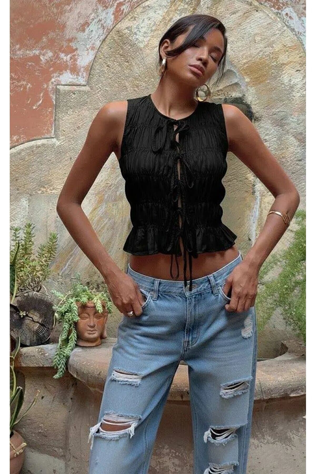 Black Drawstring Crop Blouse with Bohemian Chic Gipe Detail
