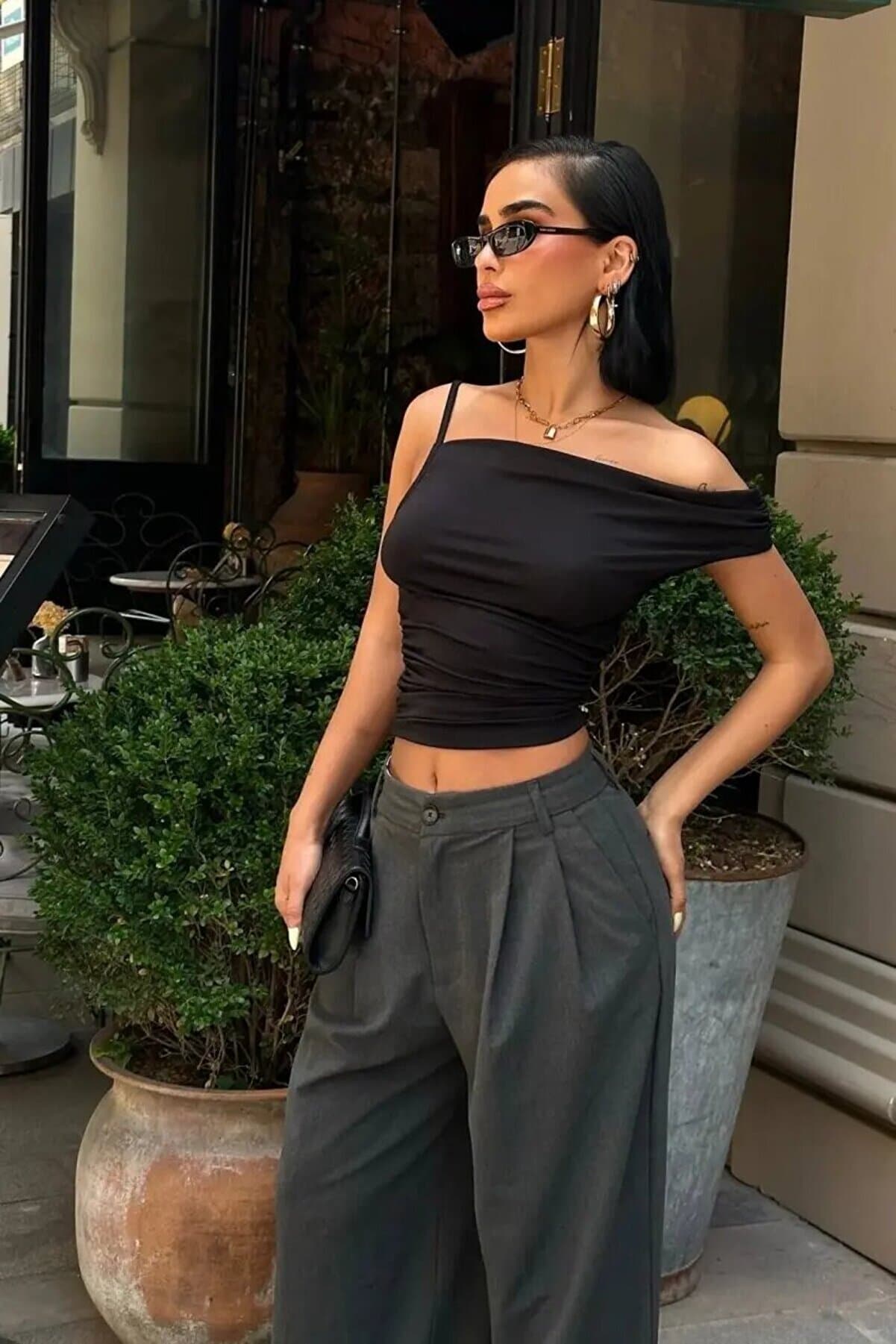 Asymmetrical Cut Black Stretchy Cropped Blouse