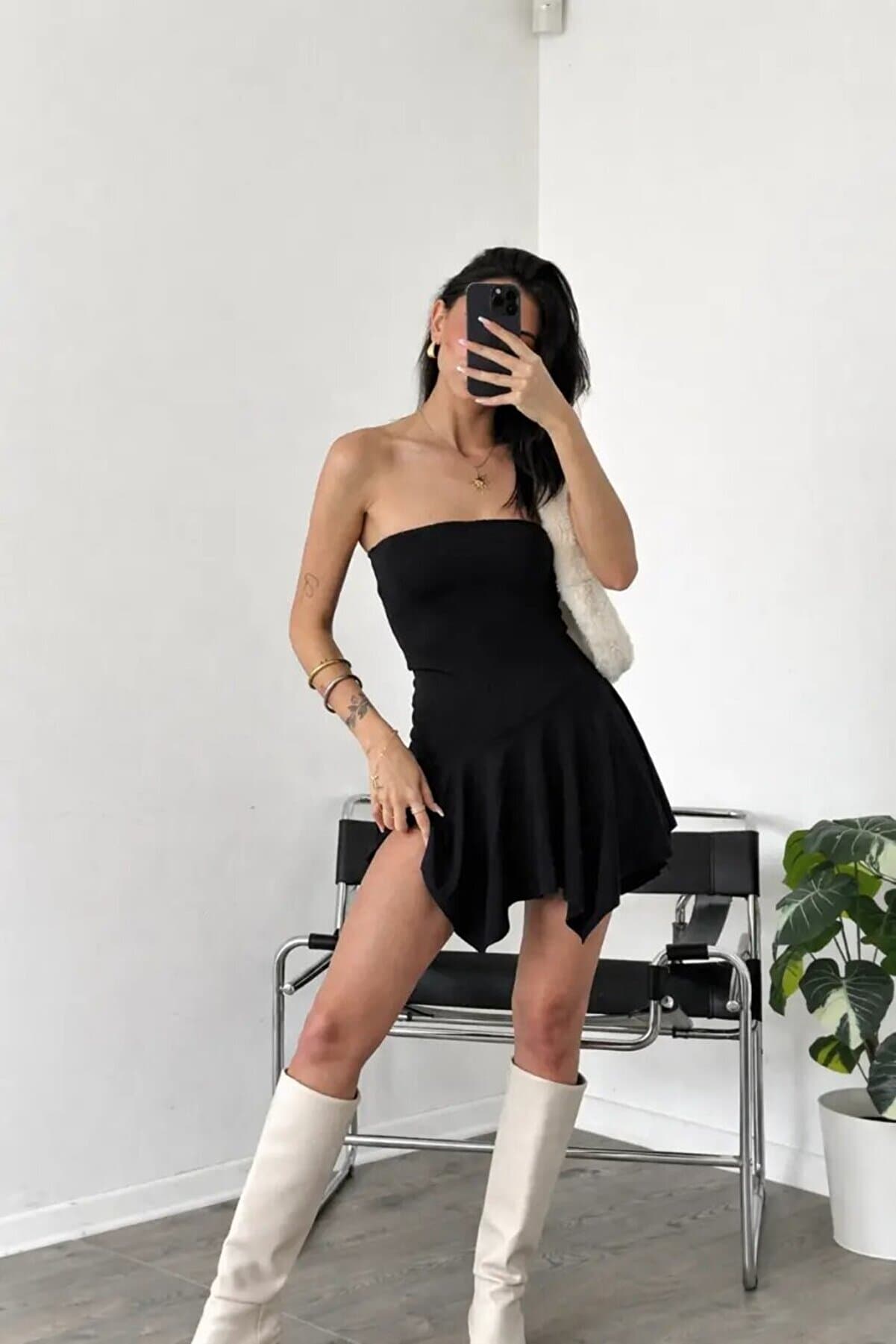 Strapless Mini Dress with Ruffle Detail, Fitted Cut, Stylish Summer Dress, Black