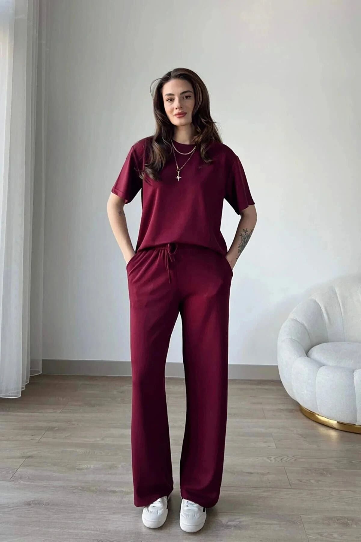 Women's Burgundy Modal Fabric Short Sleeve Tracksuit Set