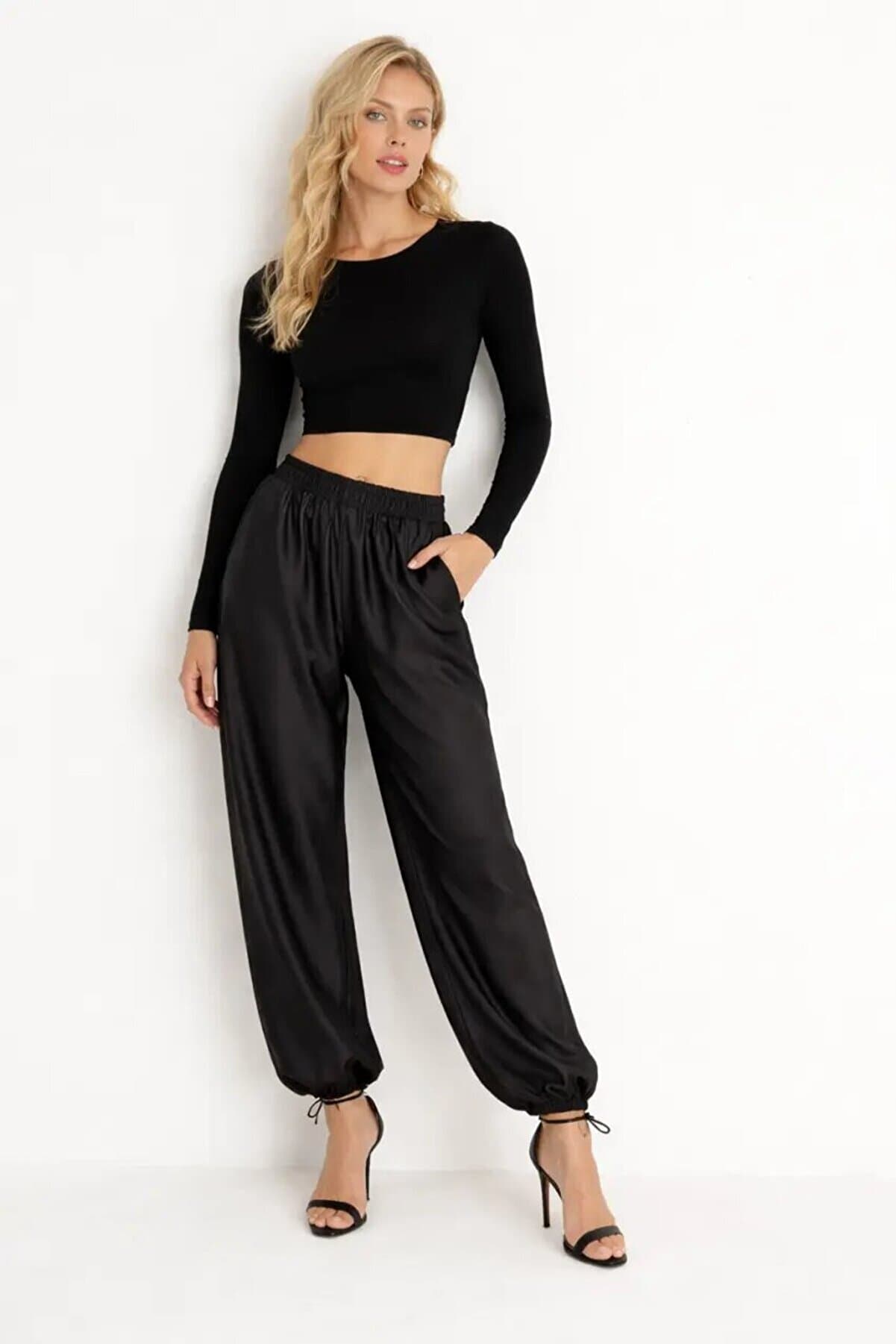 Satin Textured Elastic Leg Detail High Waist Loose Pants