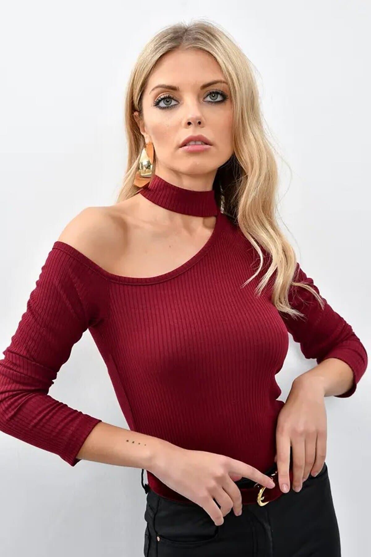 Women's Burgundy One Shoulder Blouse CG53