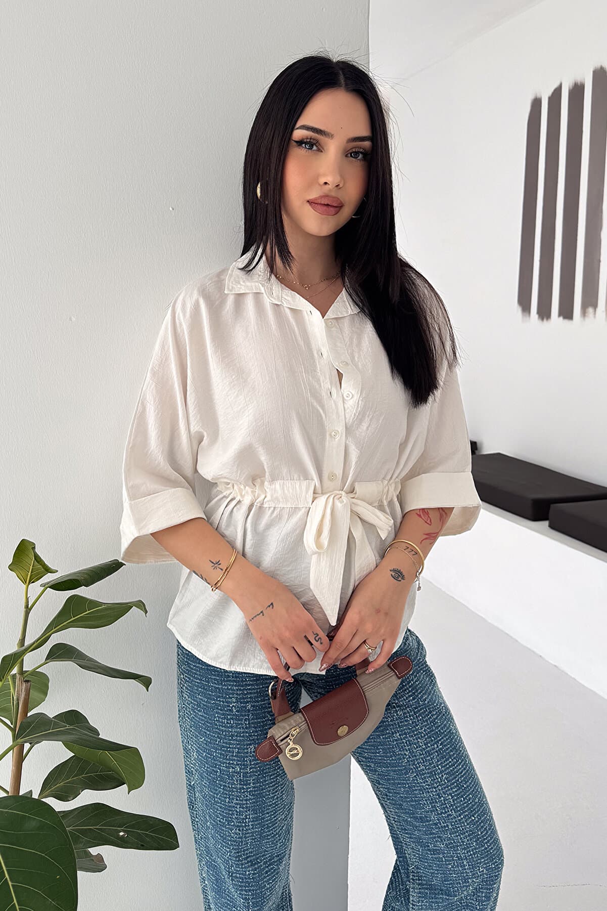 Women's Shirt – Loose Fit Blouse with Belt Detail