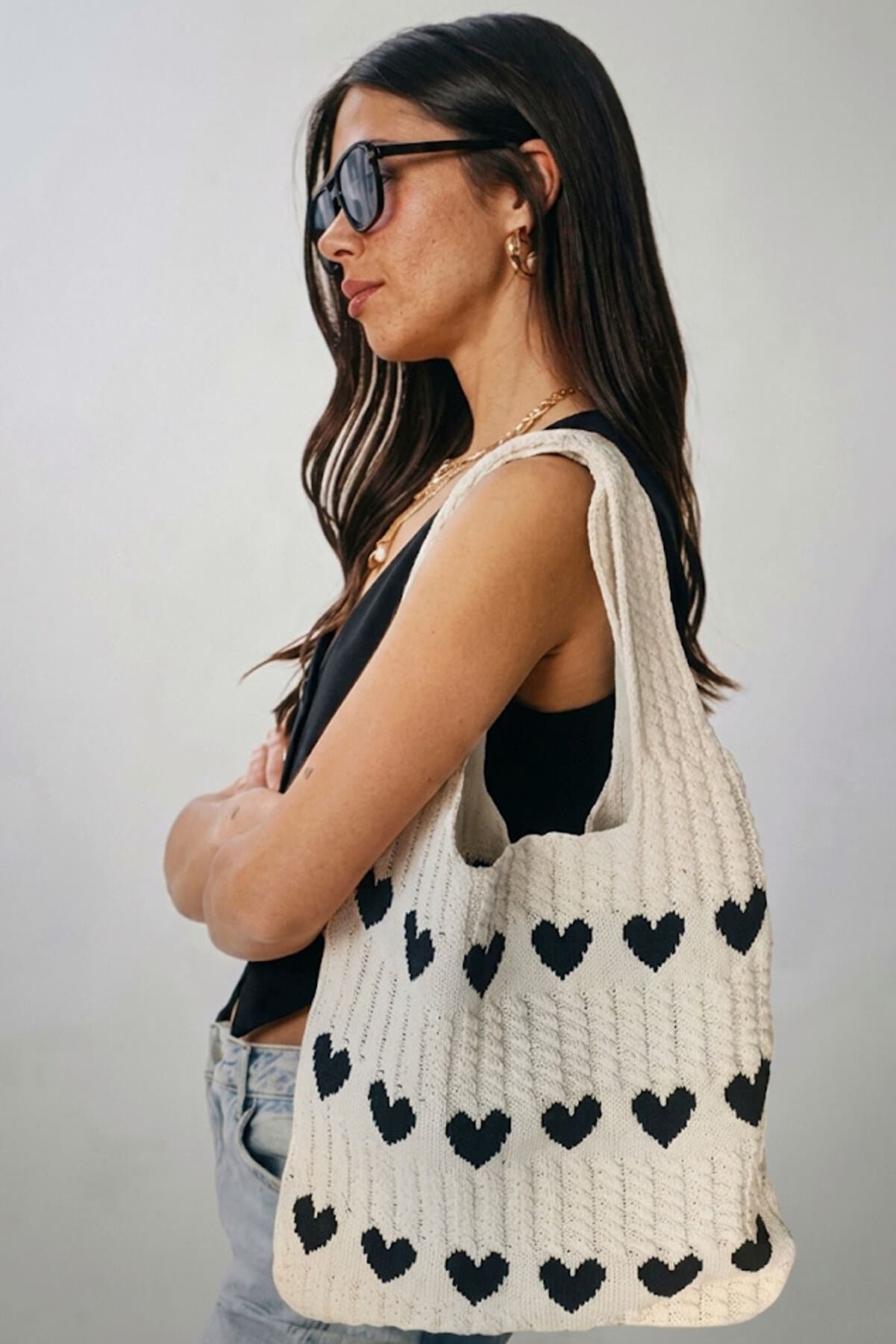 Women's Heart Patterned Knitwear Shoulder Bag – Casual Stylish Tote Bag Standard Ecru